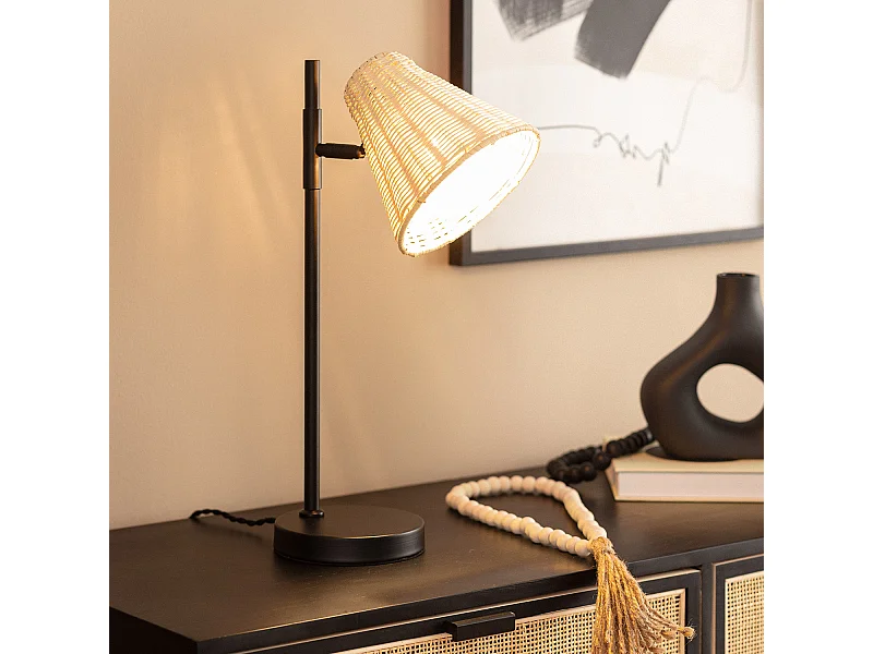 Lámpara de Mesa de Metal y Ratán Cesto Negro