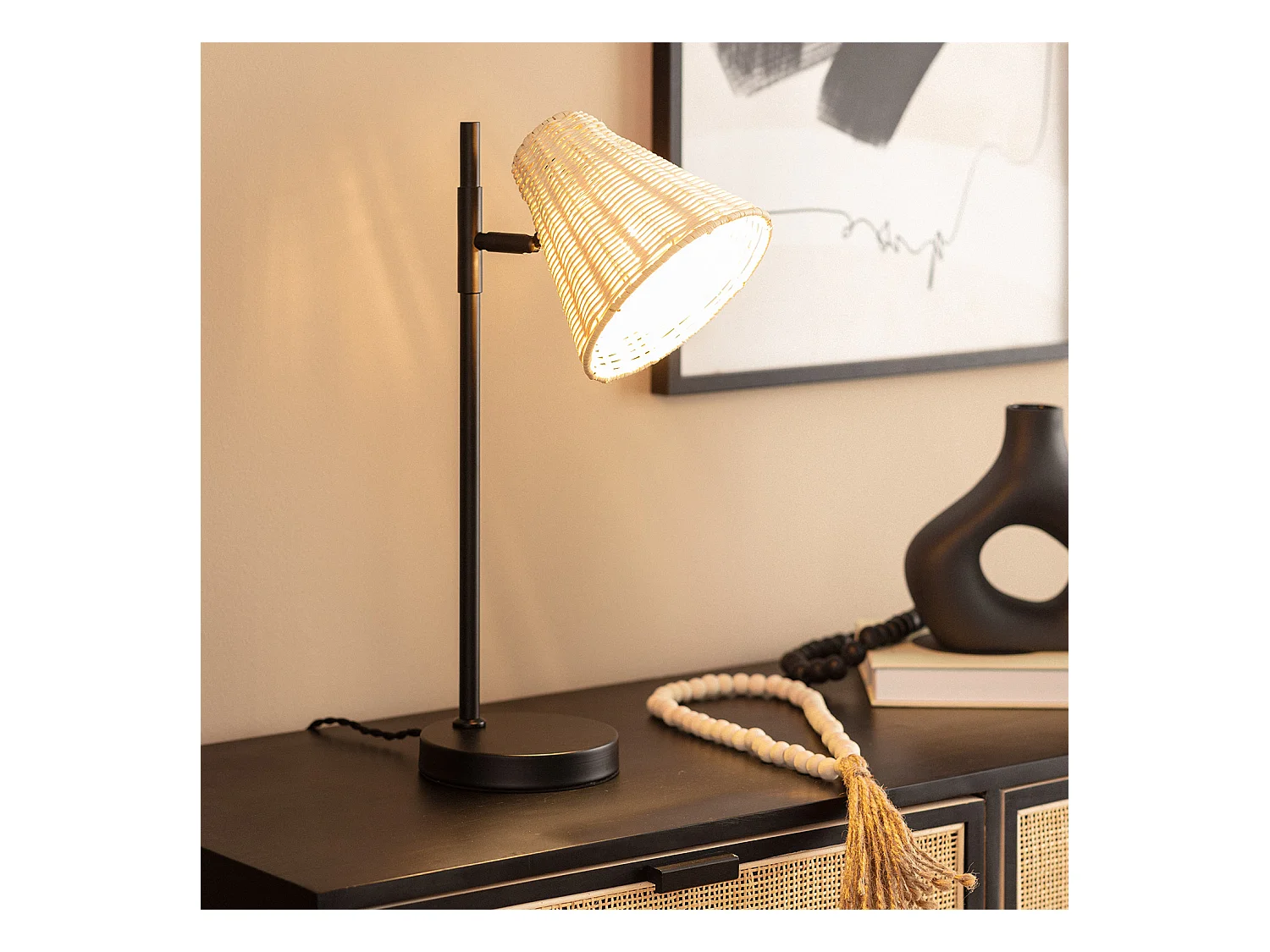 Lampe à Poser Métal et Rotin Cesto Noir