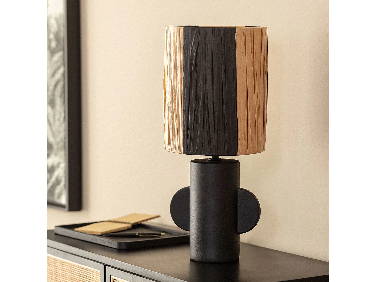 Lámpara de Mesa Cerámica y Rafia Tyler Negro