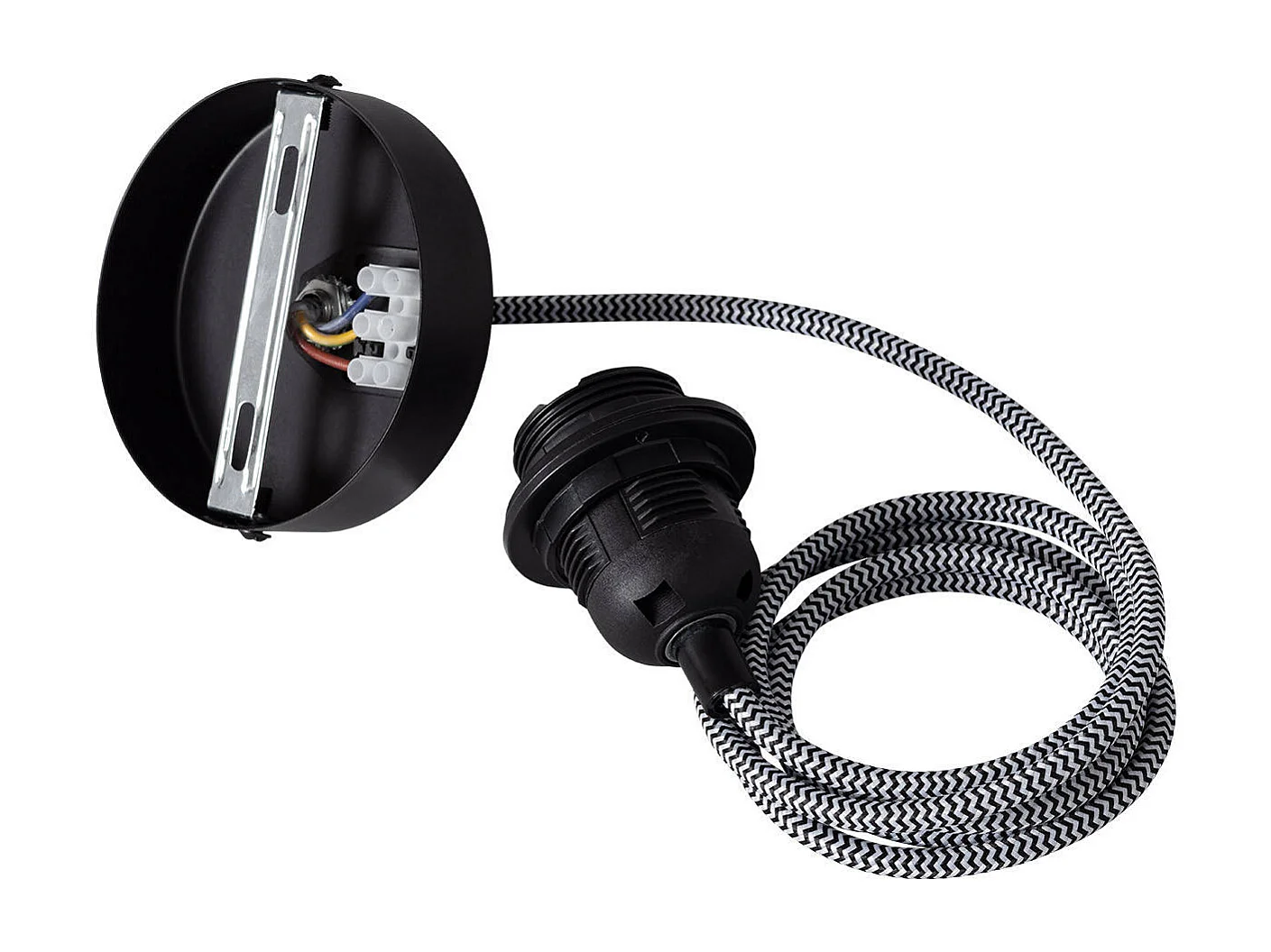 Rosone con Portalampada per Lampade a Sospensione con Cavo Elettrico Tessuto Bianco e Nero Bianco - Nero