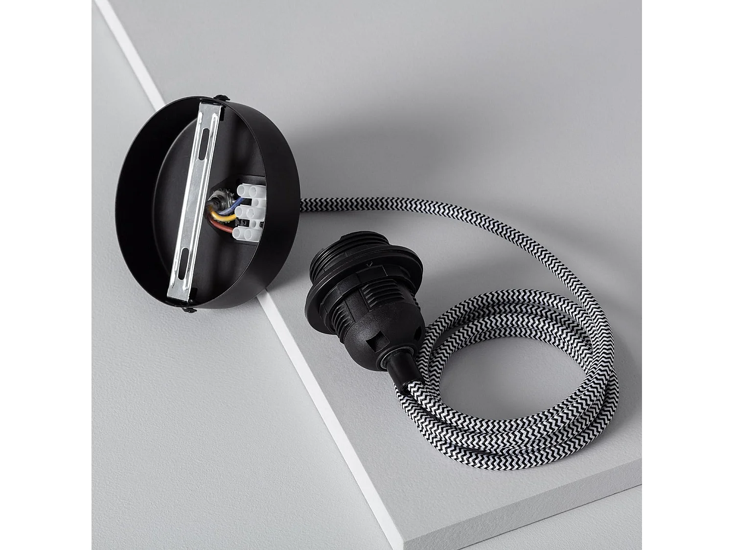 Rosone con Portalampada per Lampade a Sospensione con Cavo Elettrico Tessuto Bianco e Nero Bianco - Nero