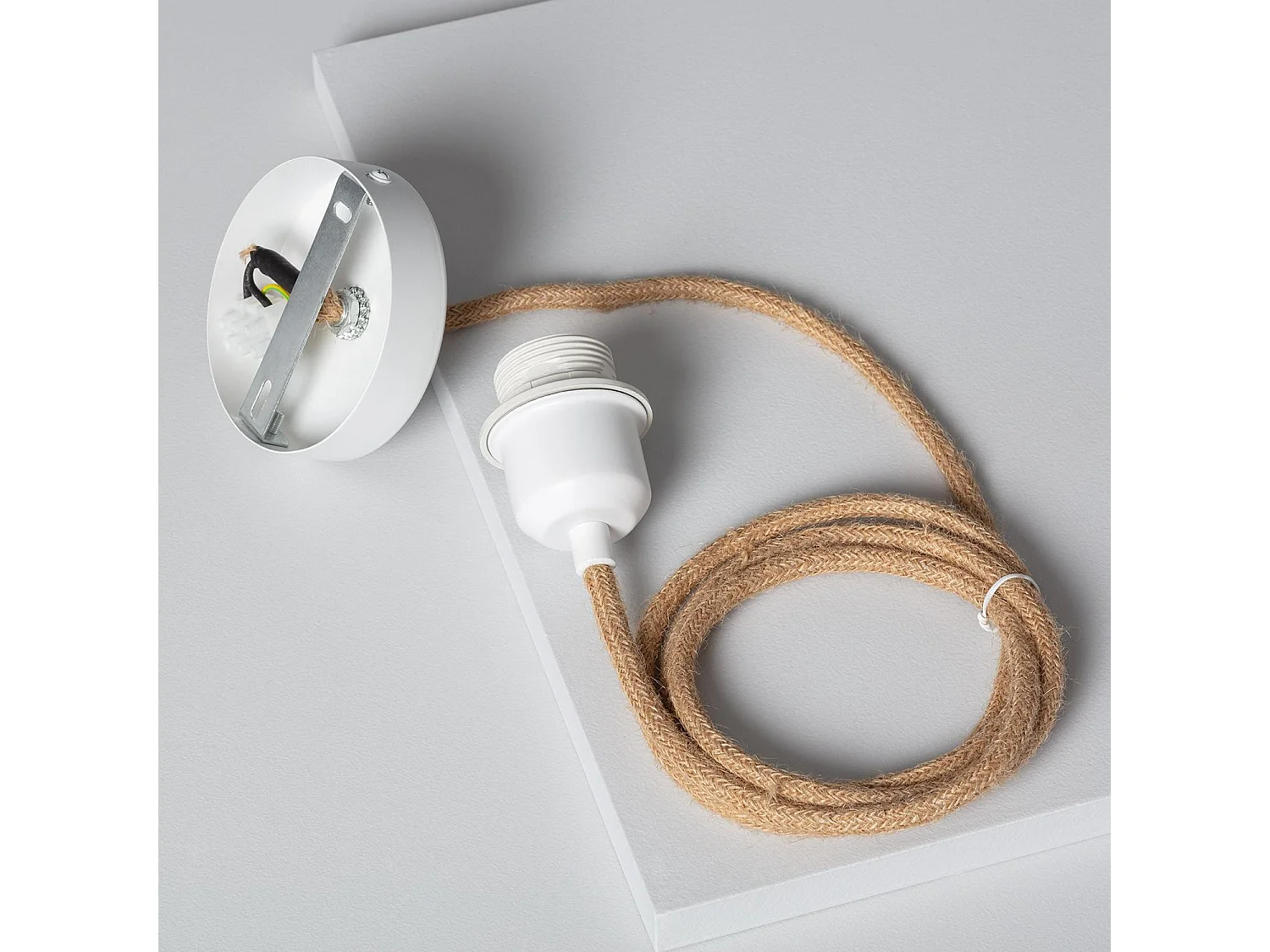 Suspension avec Câble Textile Naturel et Blanc sans Abat-jour Naturel