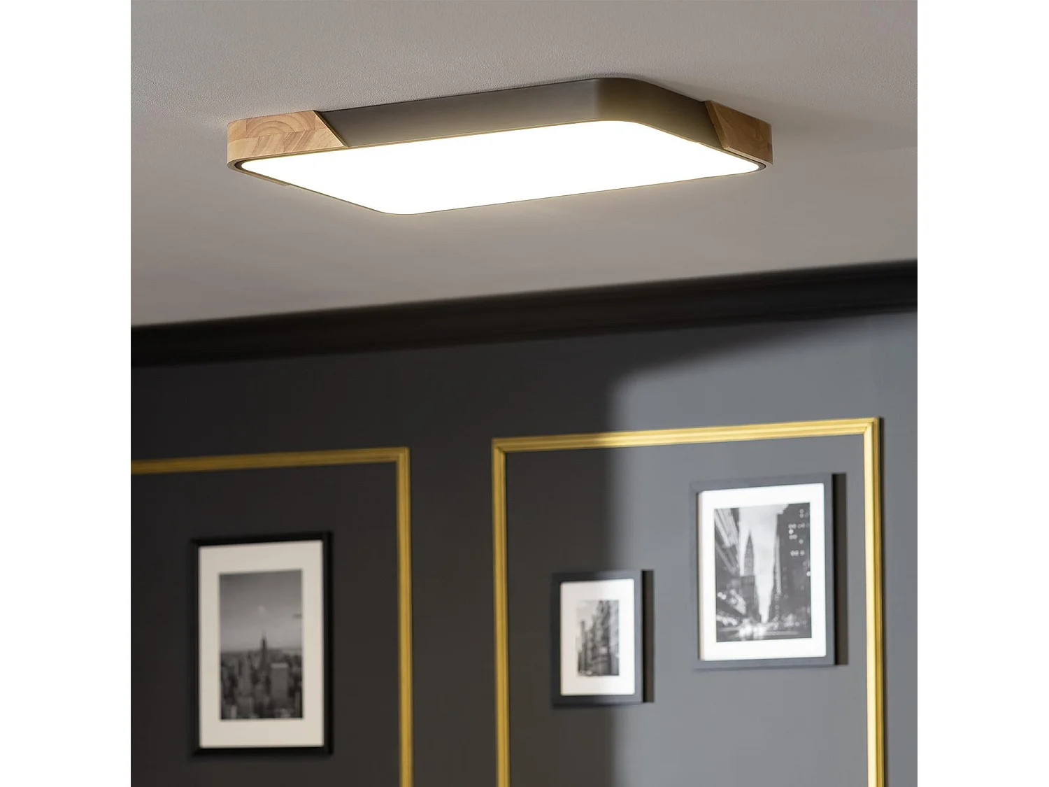 Plafoniera LED 30W Rettangolare Legno e Metallo 625x425 mm CCT Selezionabile Semi-Dari Nero