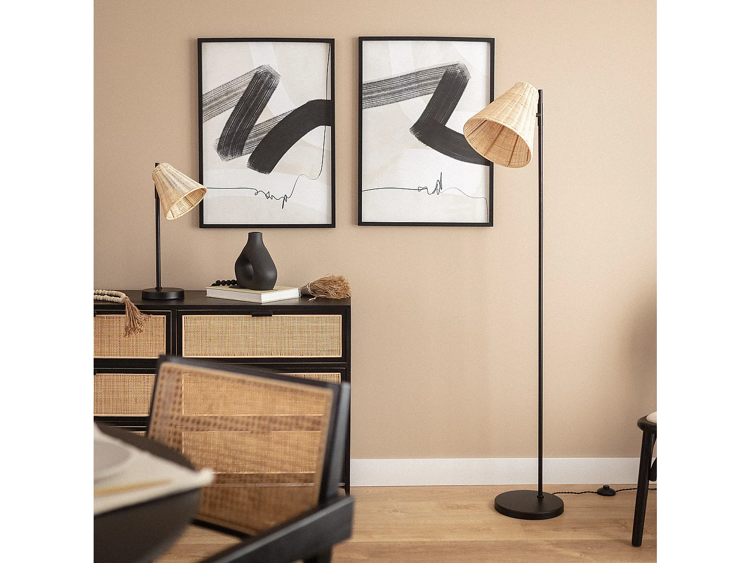 Lampadaire Métal et Rotin Cesto Noir