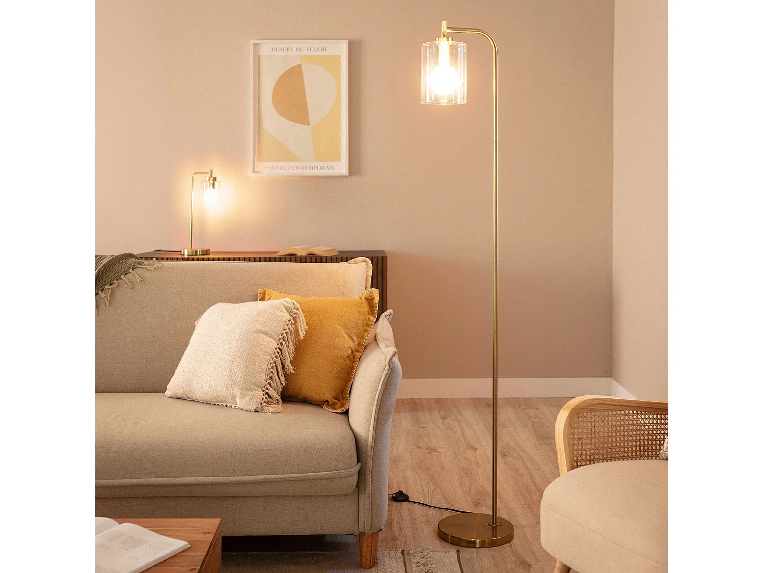 Lámpara de Pie Metal y Cristal Joile Dorado