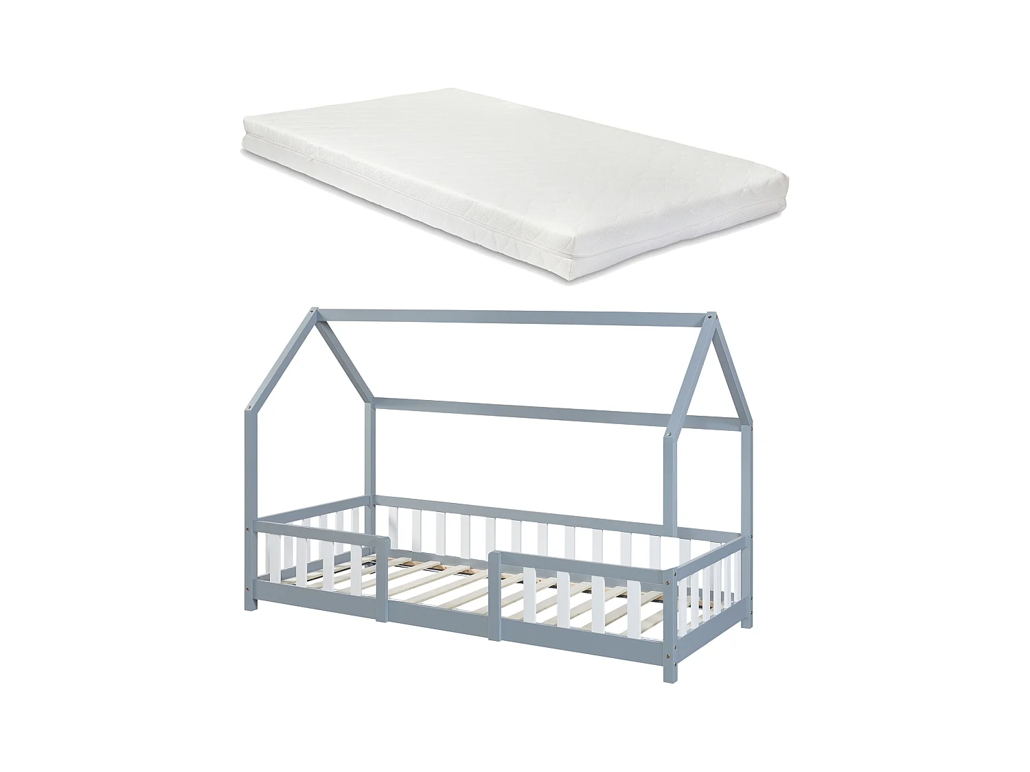 Lit D'enfant Forme Maison Sisimiut Avec Matelas À Mousse À Froid 200X90Cm Gris Blanc