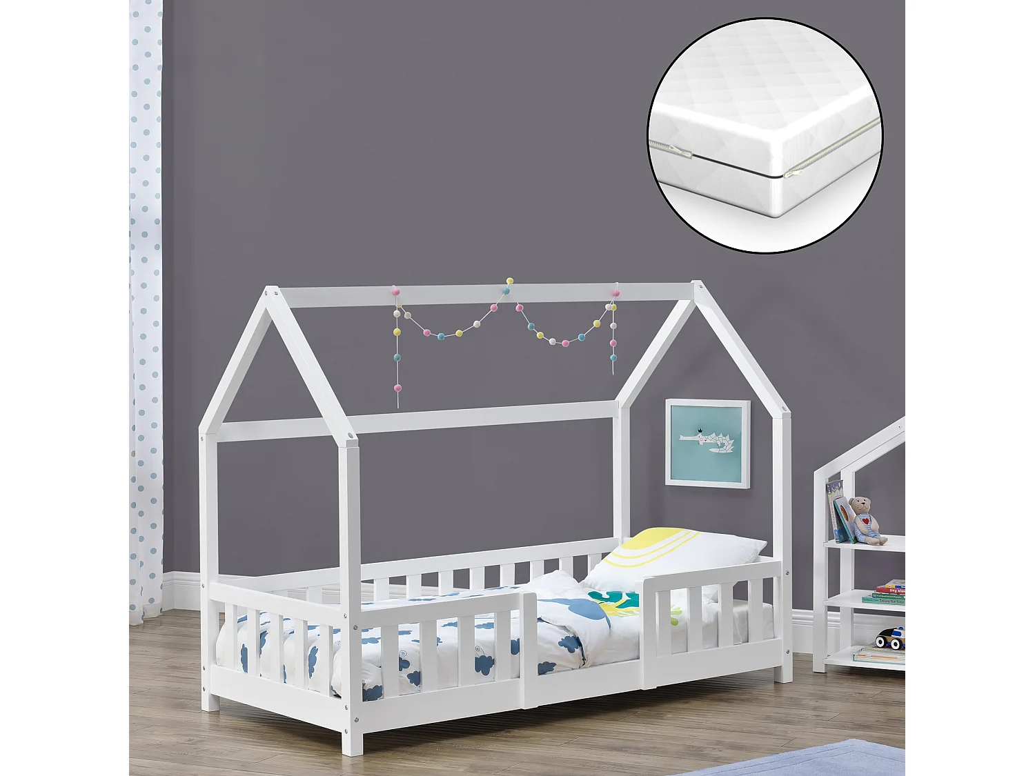Lit D'enfant Forme Maison Sisimiut Avec Matelas Orthopédique 140X70 Cm Blanc