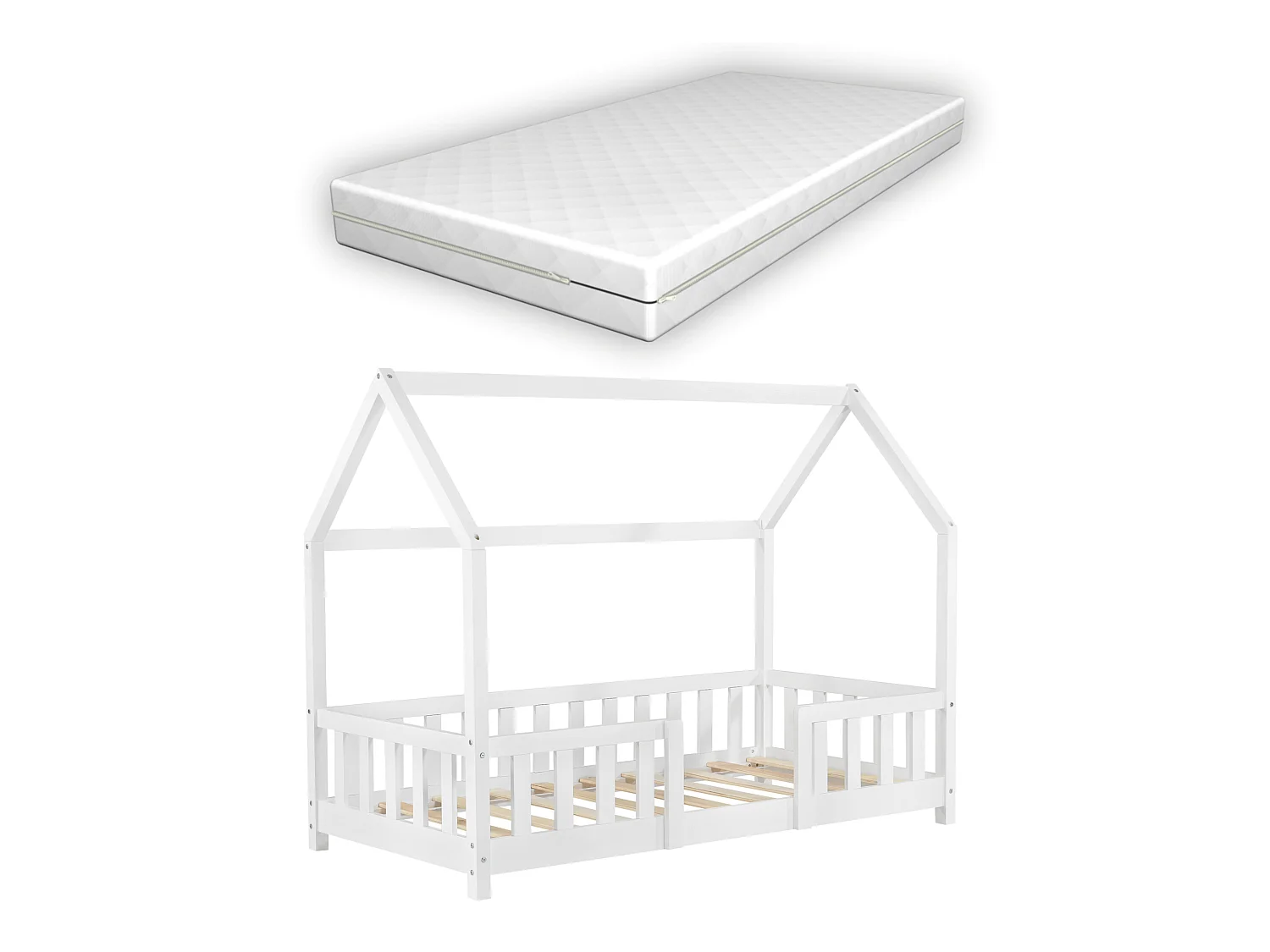Lit D'enfant Forme Maison Sisimiut Avec Matelas Orthopédique 140X70 Cm Blanc
