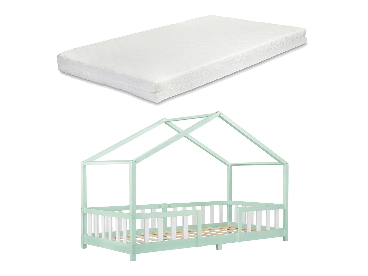 Lit enfant Treviolo Forme Maison Avec Matelas À Mousse À Froid 200X90Cm Menthe Blanc