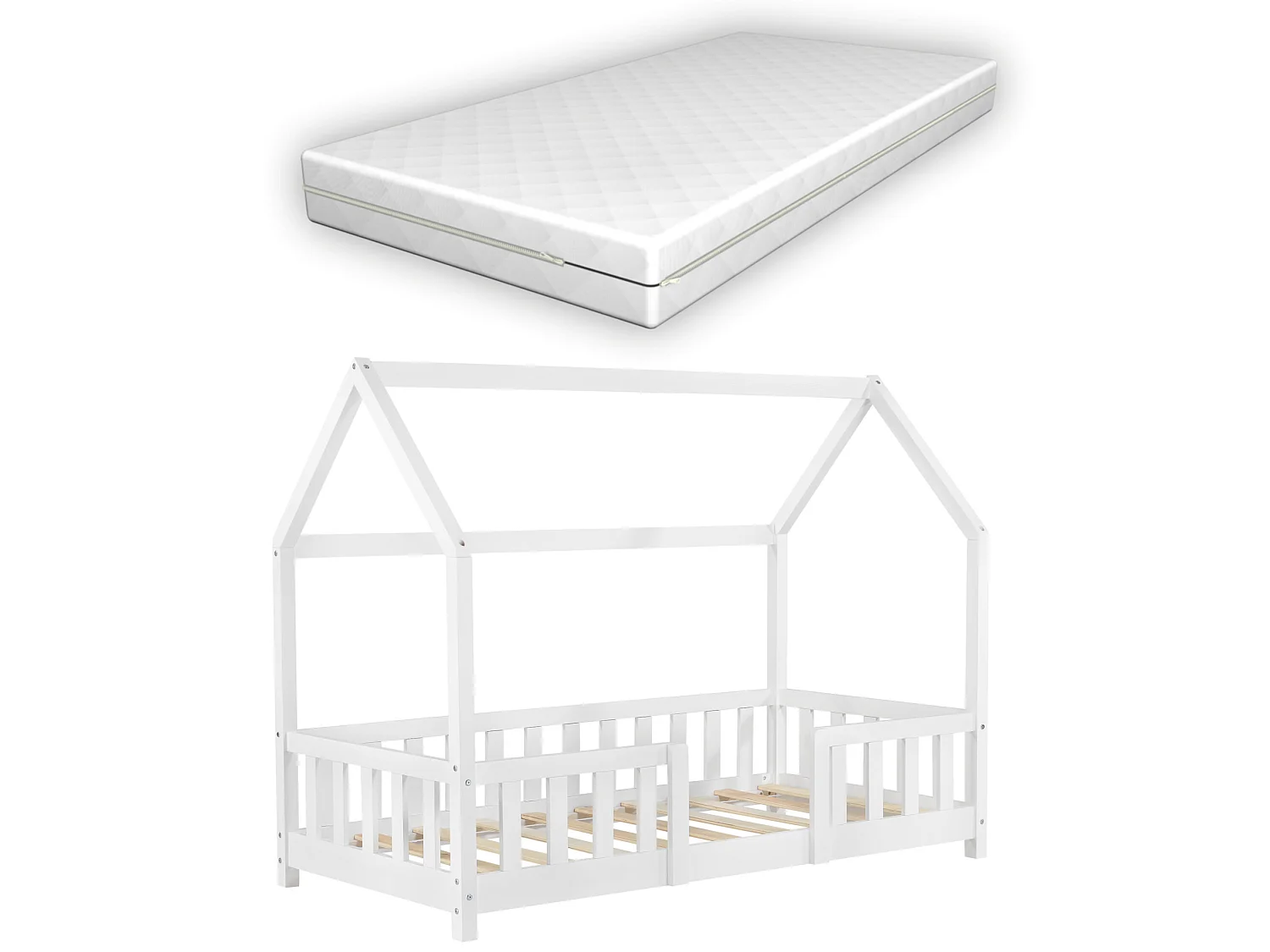 Lit D'enfant Forme Maison Sisimiut Avec Matelas Orthopédique 160X80 Cm Blanc