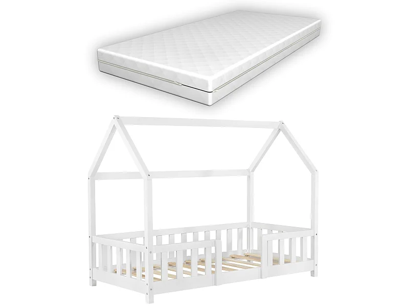 Lit D'enfant Forme Maison Sisimiut Avec Matelas Orthopédique 160X80 Cm Blanc