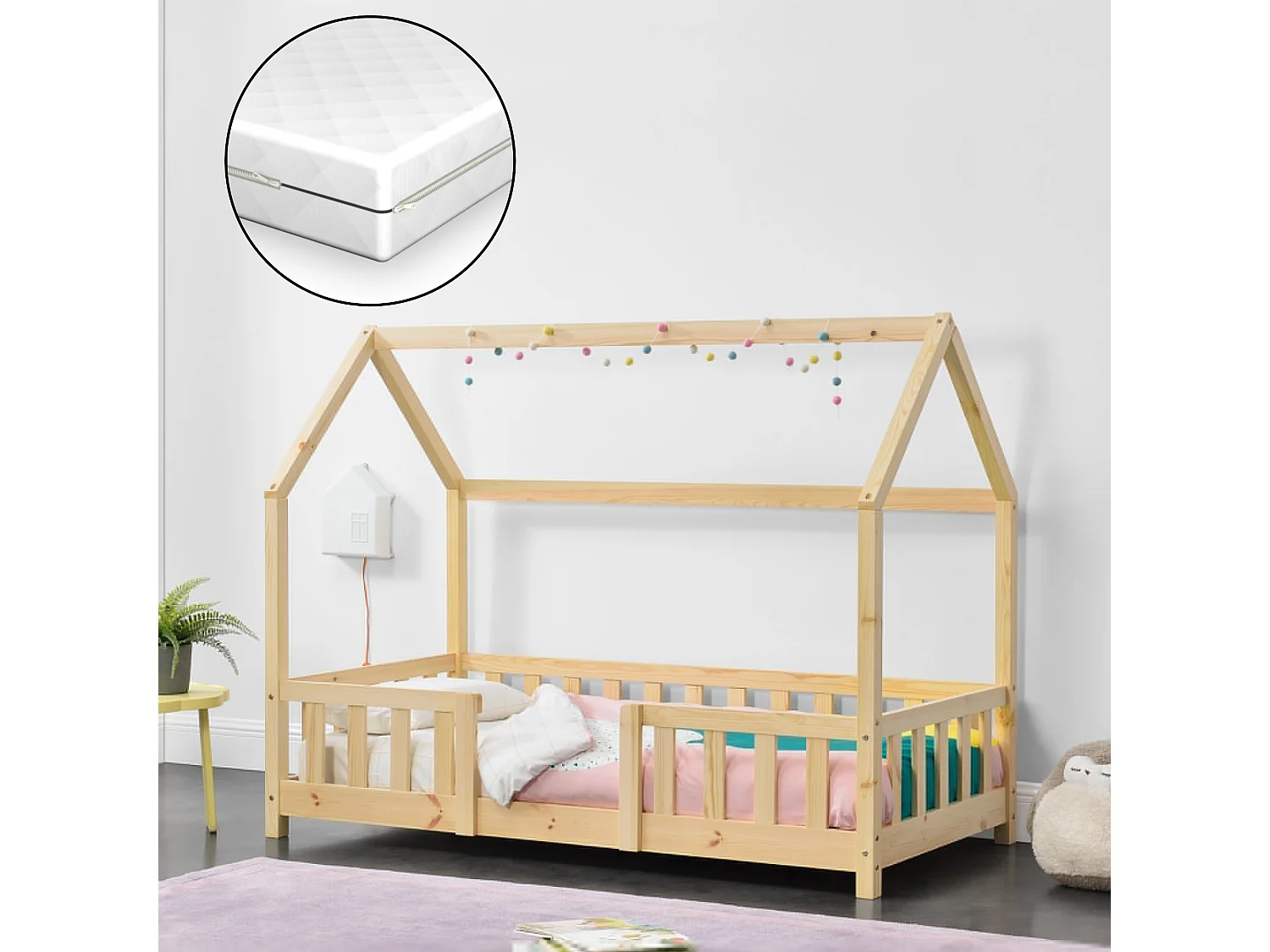Lit D'enfant Forme Maison Sisimiut Avec Matelas Orthopédique 140X70 Cm Naturel