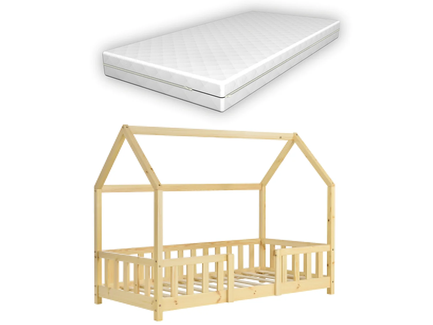 Lit D'enfant Forme Maison Sisimiut Avec Matelas Orthopédique 140X70 Cm Naturel
