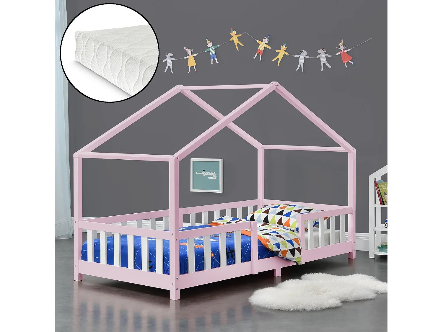 Lit D'enfant Treviolo Forme Maison Avec Matelas À Mousse À Froid 200X90 Cm Rose Blanc