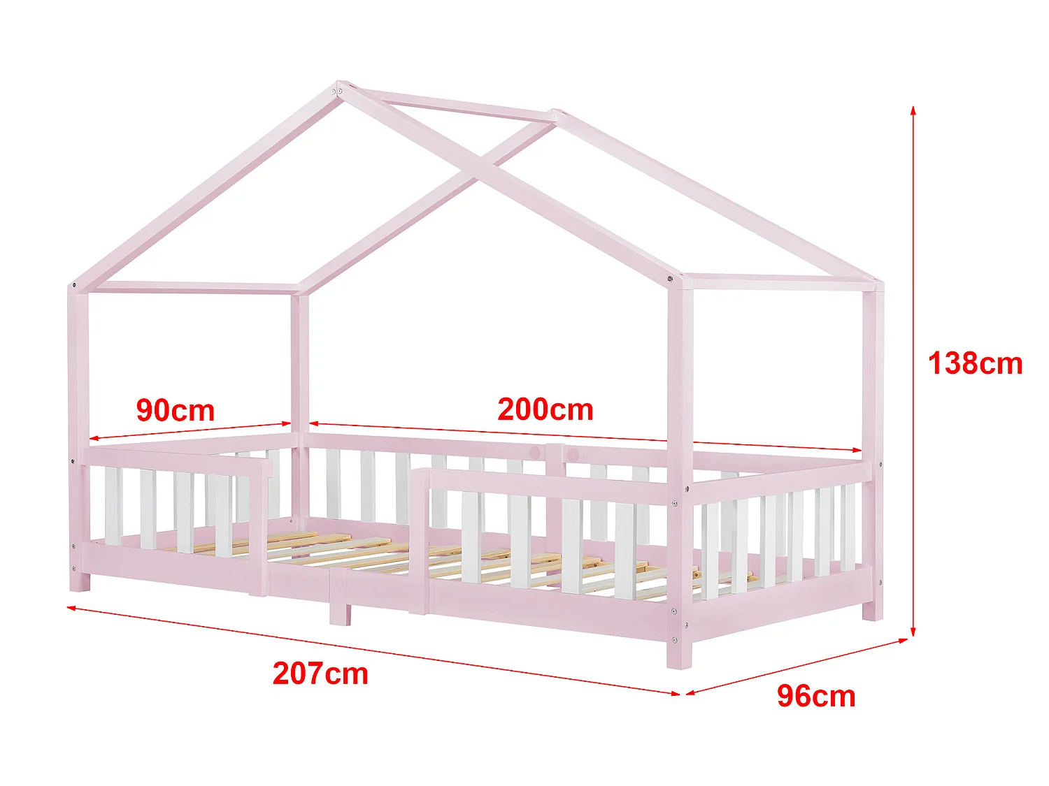 Lit D'enfant Treviolo Forme Maison Avec Matelas À Mousse À Froid 200X90 Cm Rose Blanc