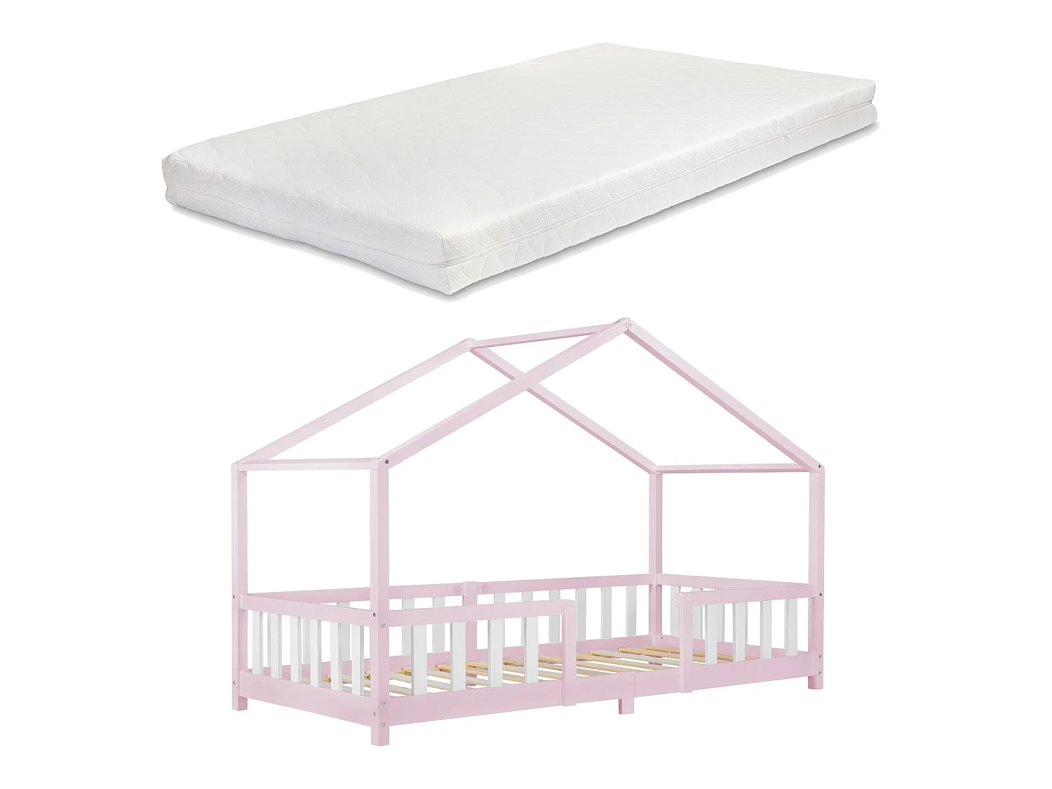 Lit D'enfant Treviolo Forme Maison Avec Matelas À Mousse À Froid 200X90 Cm Rose Blanc