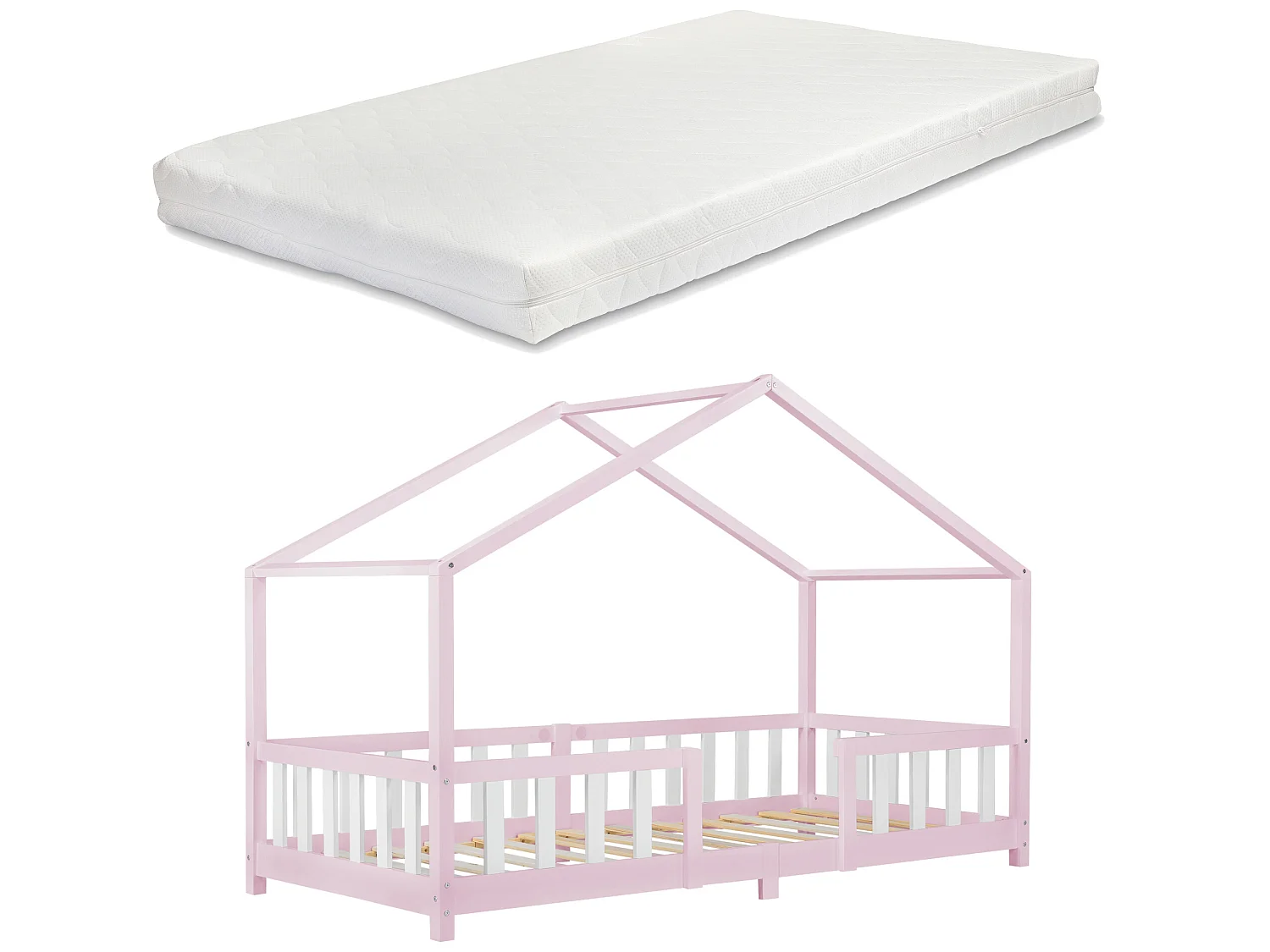 Lit D'enfant Treviolo Forme Maison Avec Matelas À Mousse À Froid 200X90 Cm Rose Blanc