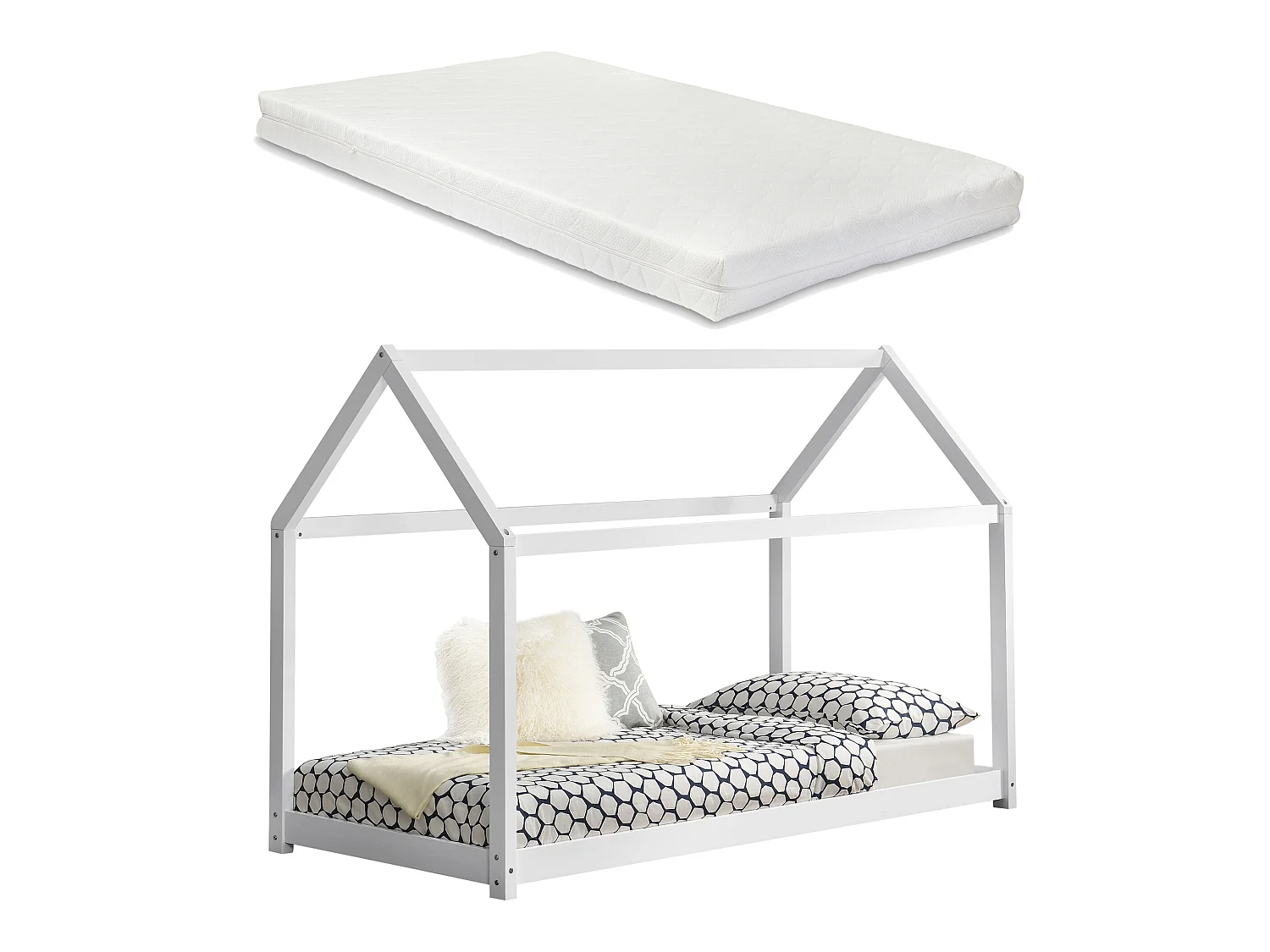 Lit Cabane Forme Maison Netstal Avec Matelas Mousse À Froid 200 X 90 Cm Blanc
