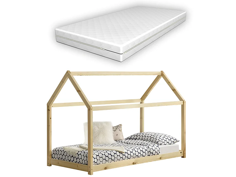 Lit Cabane Forme Maison Netstal Avec Matelas Orthopédique 140 X 70 Cm Naturel