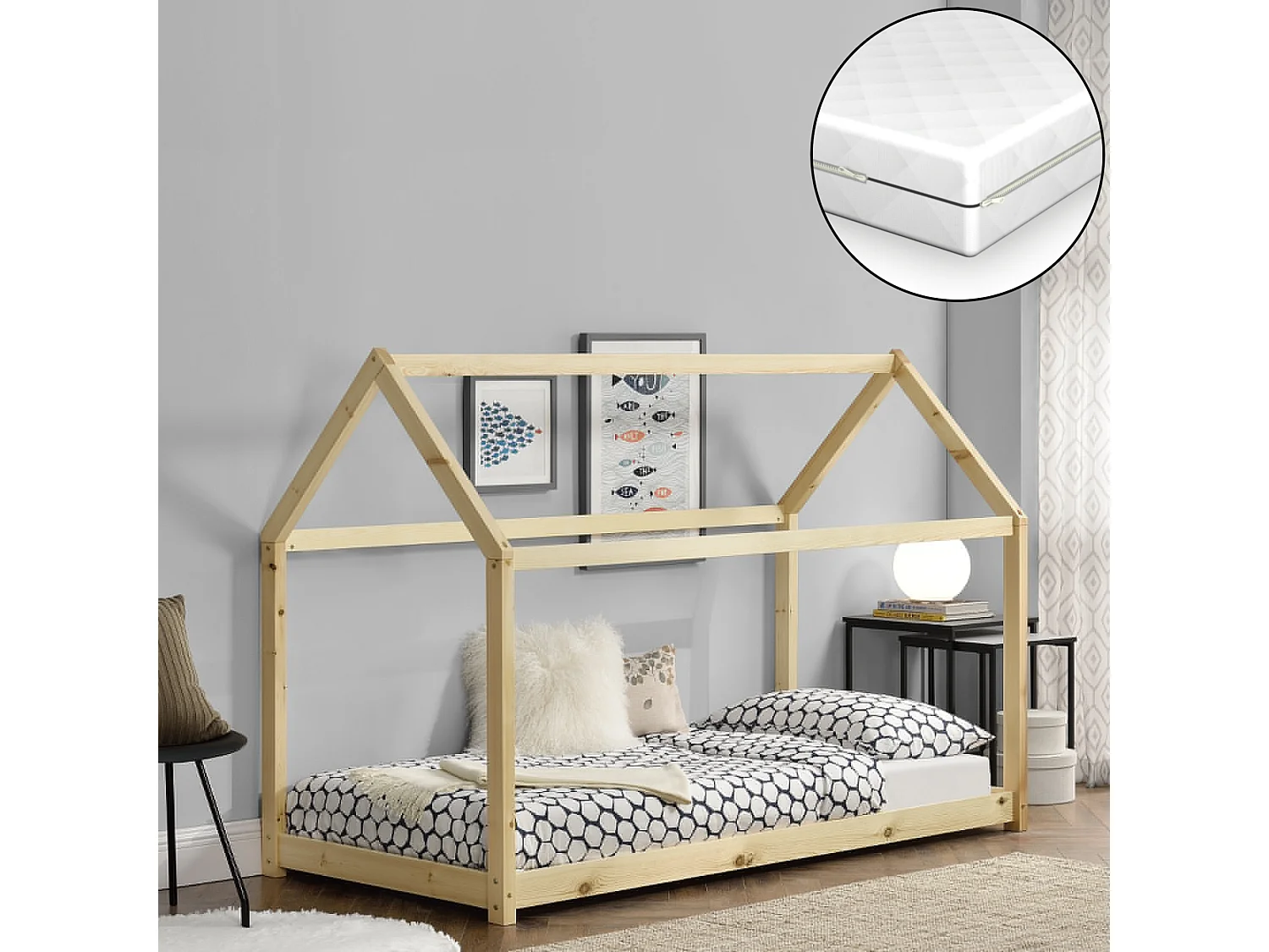 Lit Cabane Forme Maison Netstal Avec Matelas Orthopédique 140 X 70 Cm Naturel