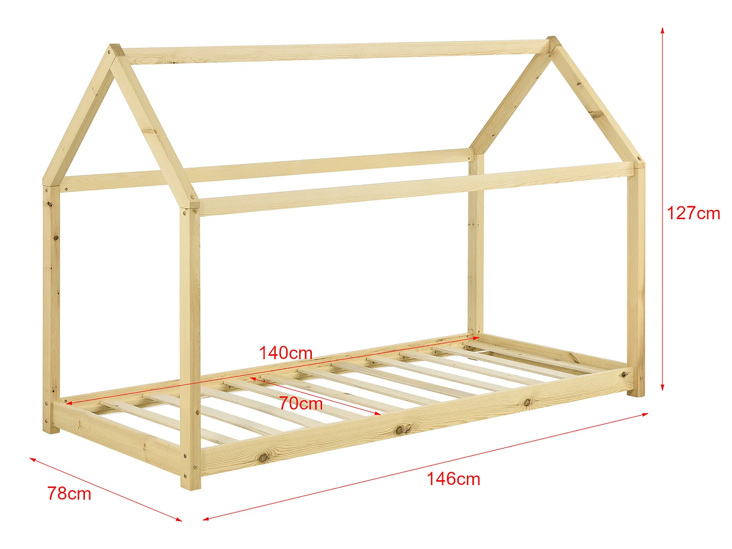 Lit Cabane Forme Maison Netstal Avec Matelas Orthopédique 140 X 70 Cm Naturel