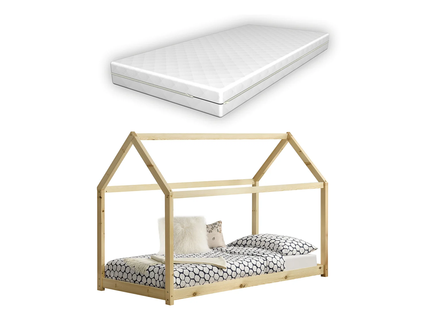Lit Cabane Forme Maison Netstal Avec Matelas Orthopédique 140 X 70 Cm Naturel