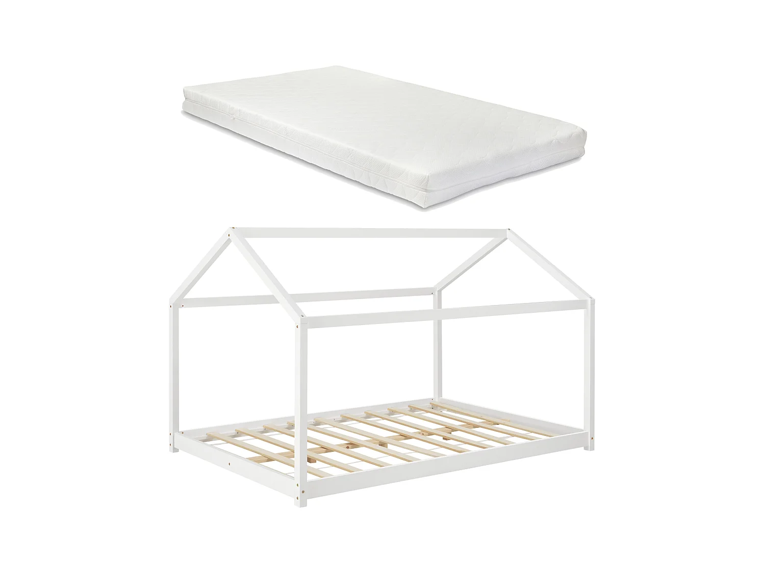 Lit D'enfant Forme Maison Cerro Avec Matelas Mousse À Froid 140 X 200 Cm Blanc