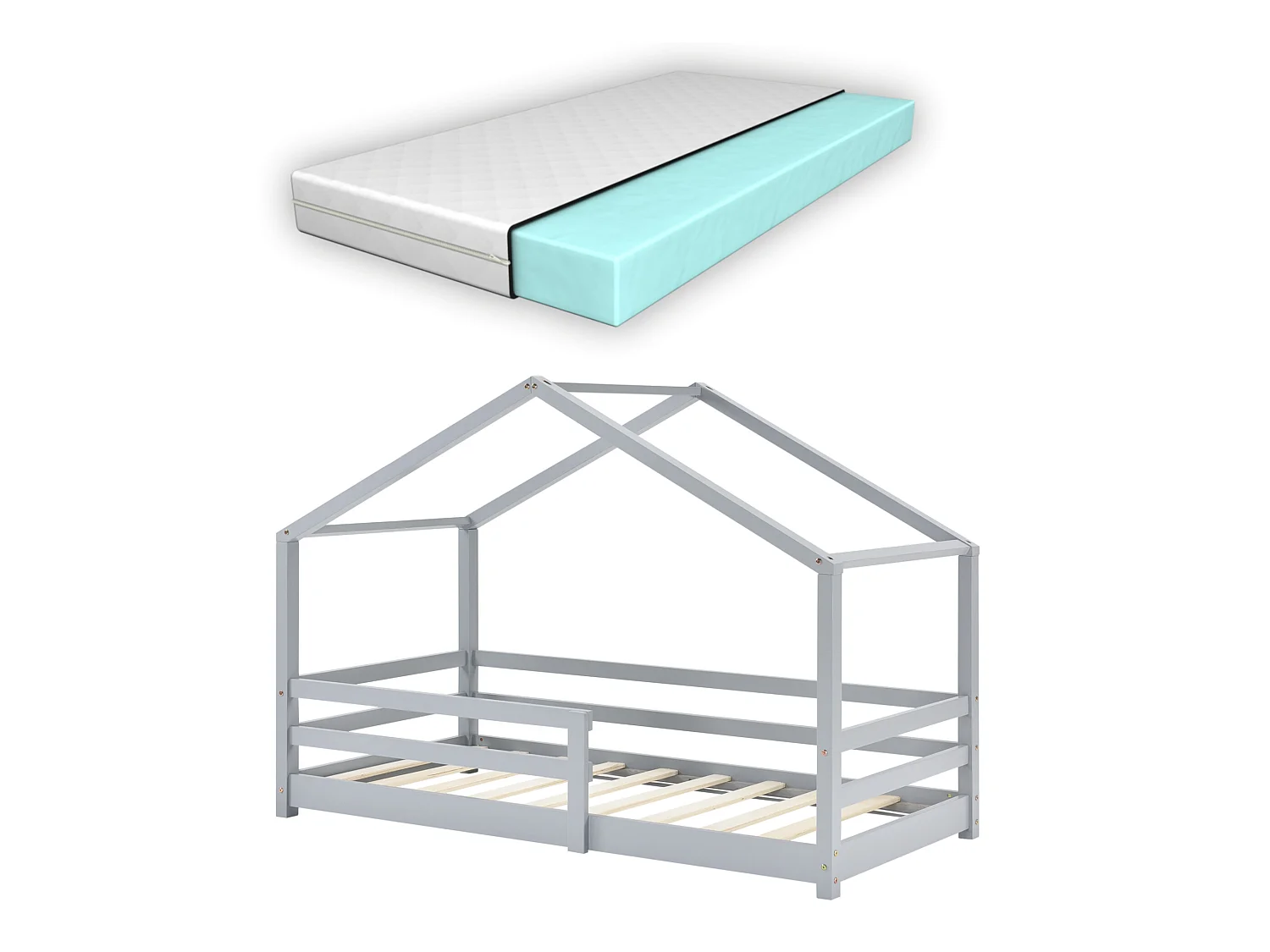 Lit Cabane Knätten Avec Grille De Protection Matelas Orthopédique 140X70Cm Gris Clair