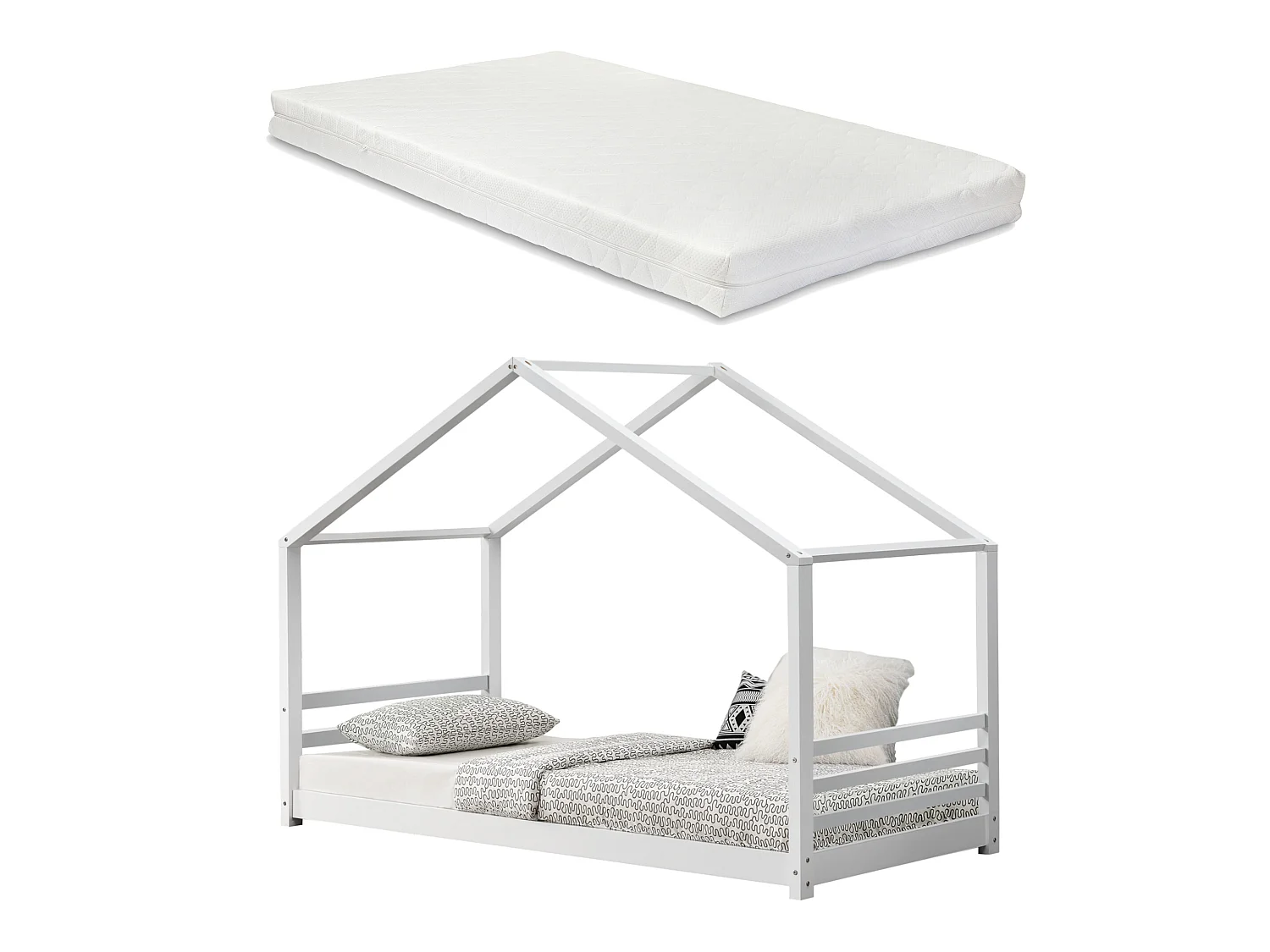 Lit Cabane Vardø Avec Grille Et Matelas À Mousse À Froid 90 X 200 Cm Blanc