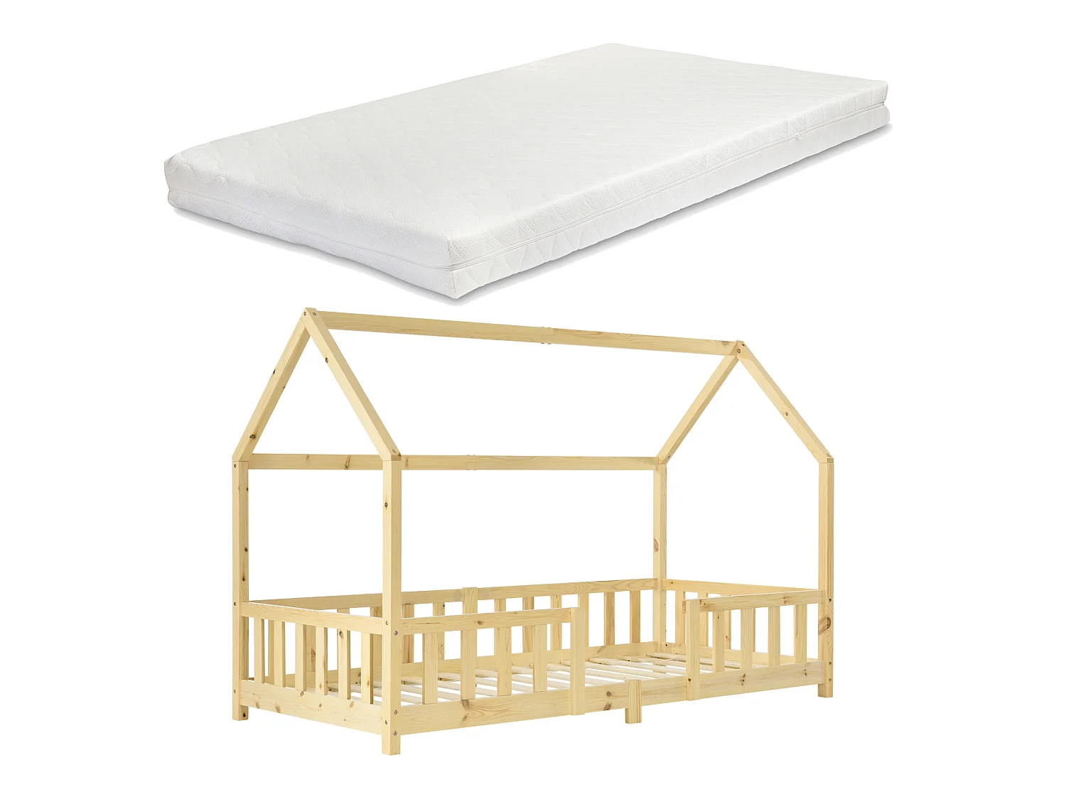 Lit D'enfant Forme Maison Sisimiut Avec Matelas À Mousse À Froid 200X90 Cm Naturel