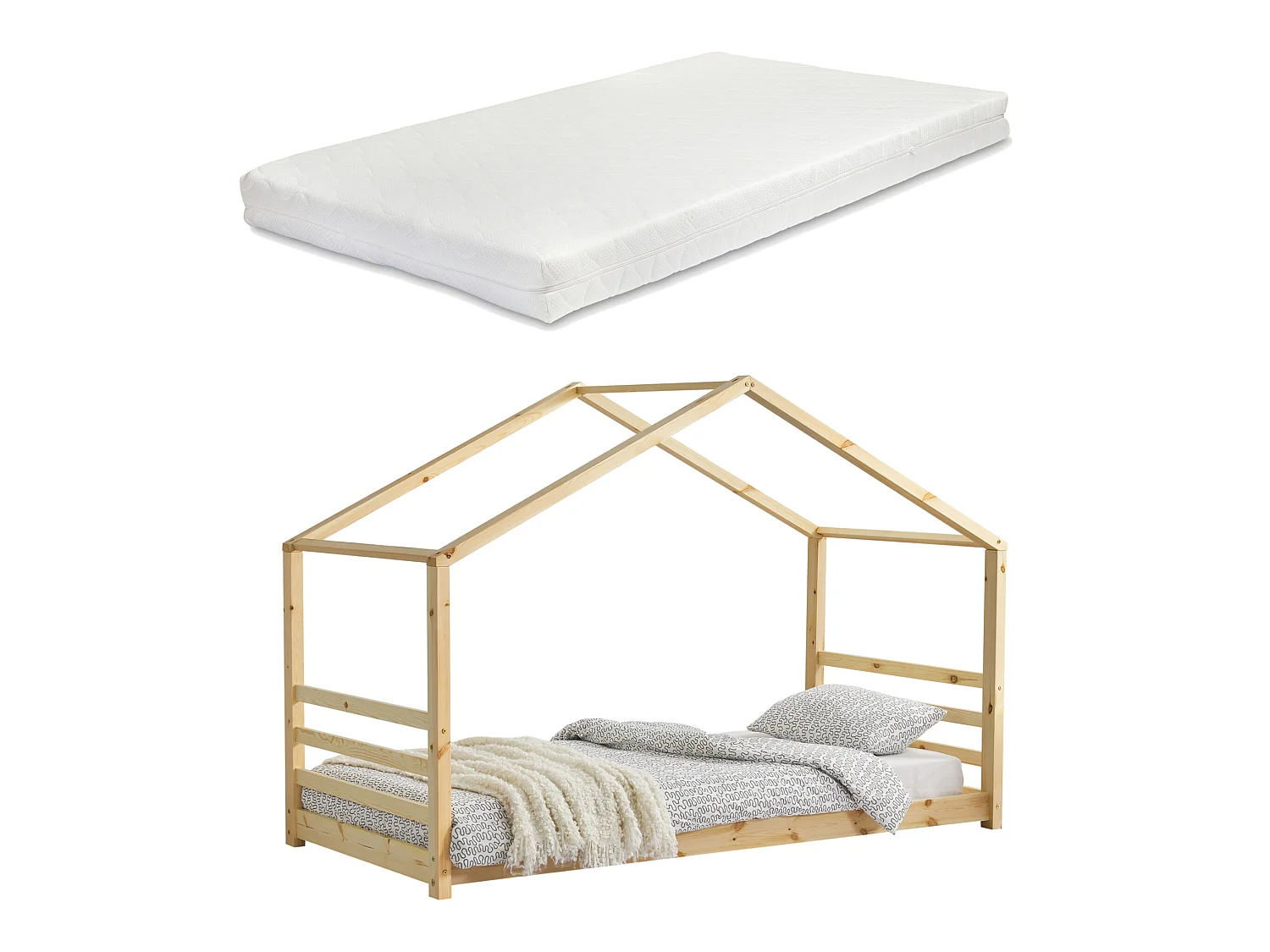Lit Cabane Vardø Avec Grille Et Matelas À Mousse À Froid 90 X 200 Cm Naturel