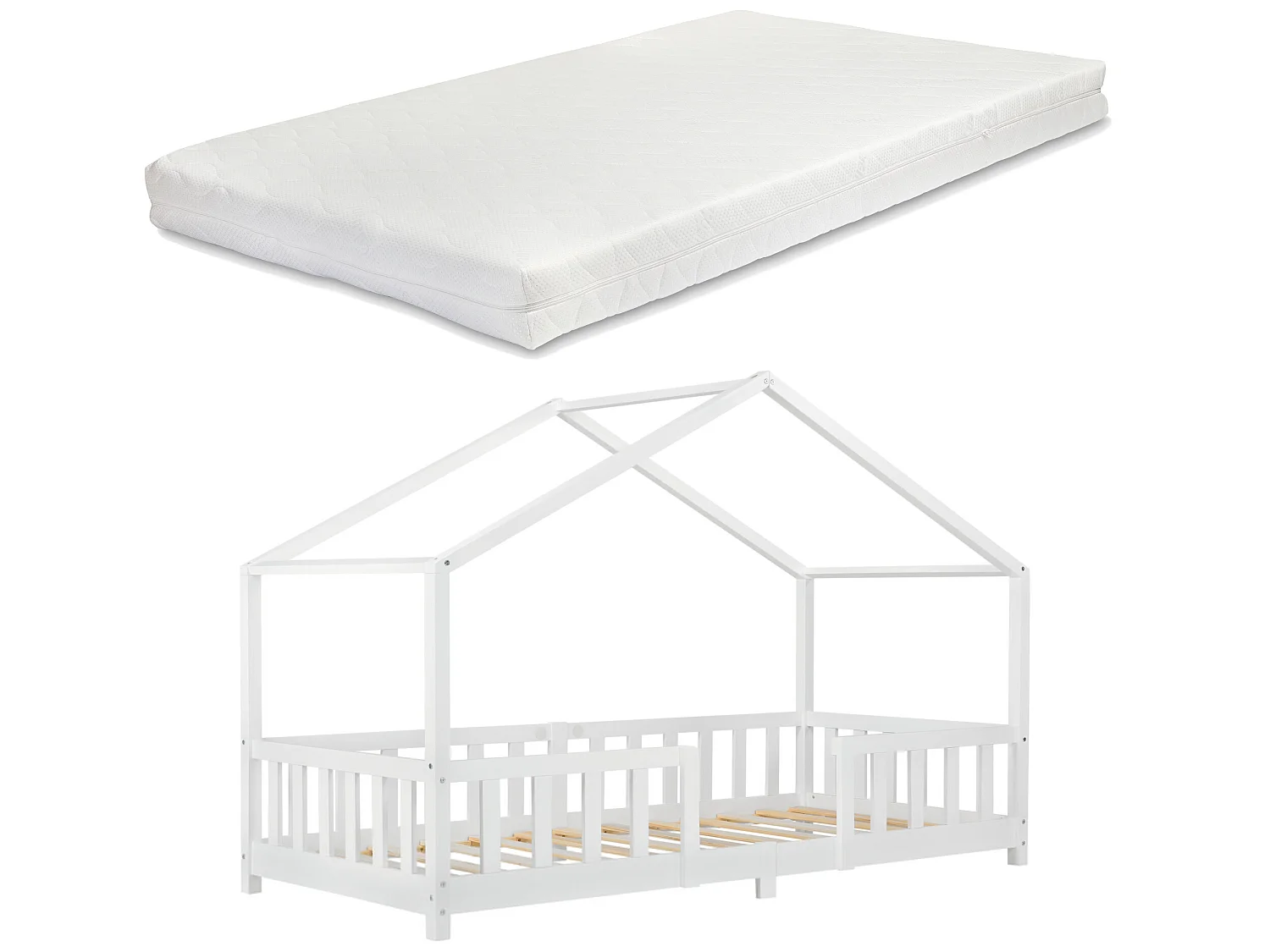 Lit D'enfant Treviolo Forme Maison Avec Matelas À Mousse À Froid 200 X 90 Cm Blanc