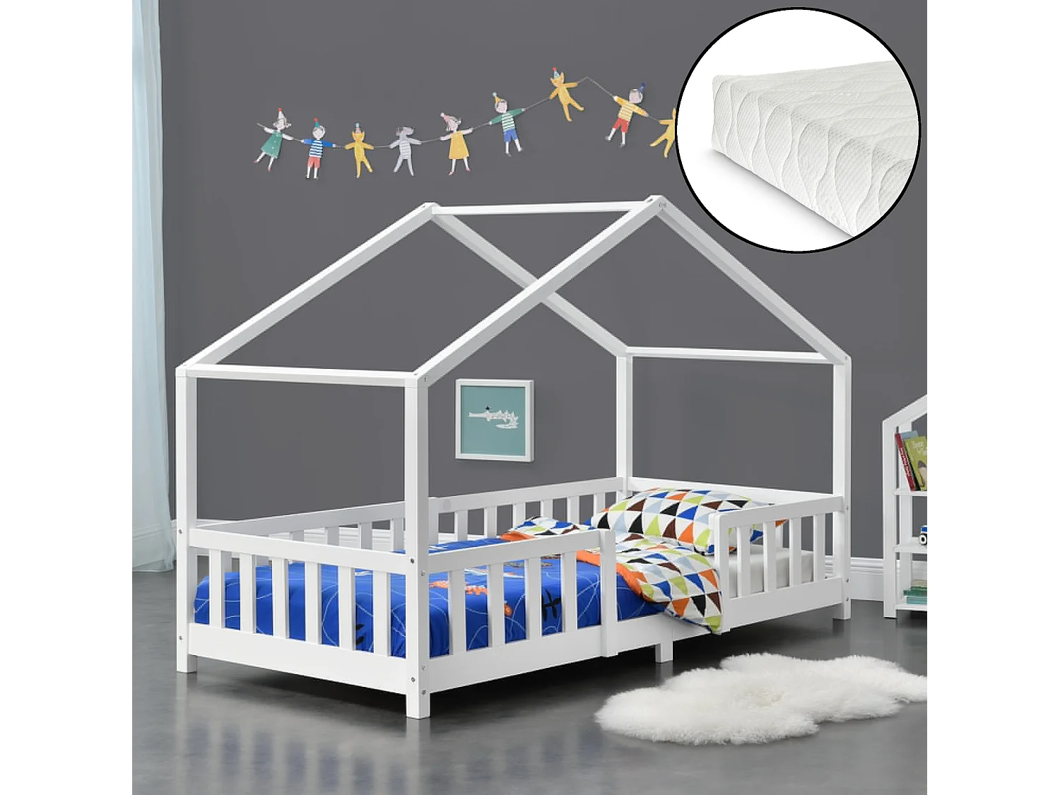 Lit D'enfant Treviolo Forme Maison Avec Matelas À Mousse À Froid 200 X 90 Cm Blanc