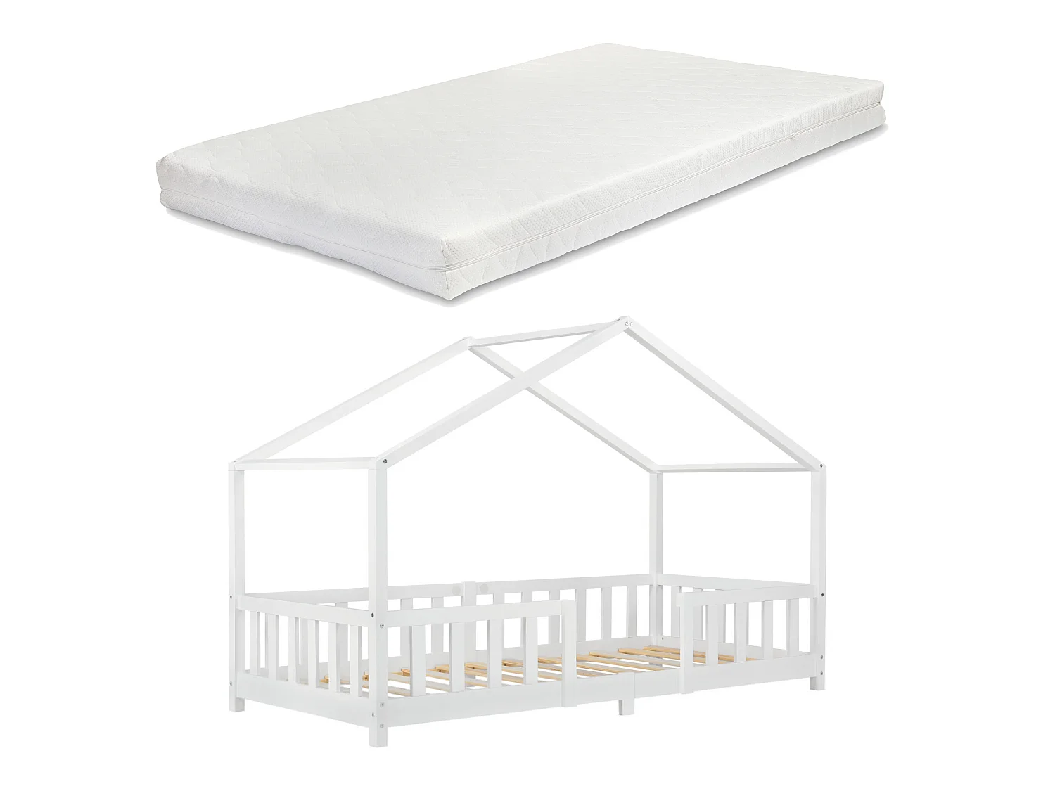 Lit D'enfant Treviolo Forme Maison Avec Matelas À Mousse À Froid 200 X 90 Cm Blanc