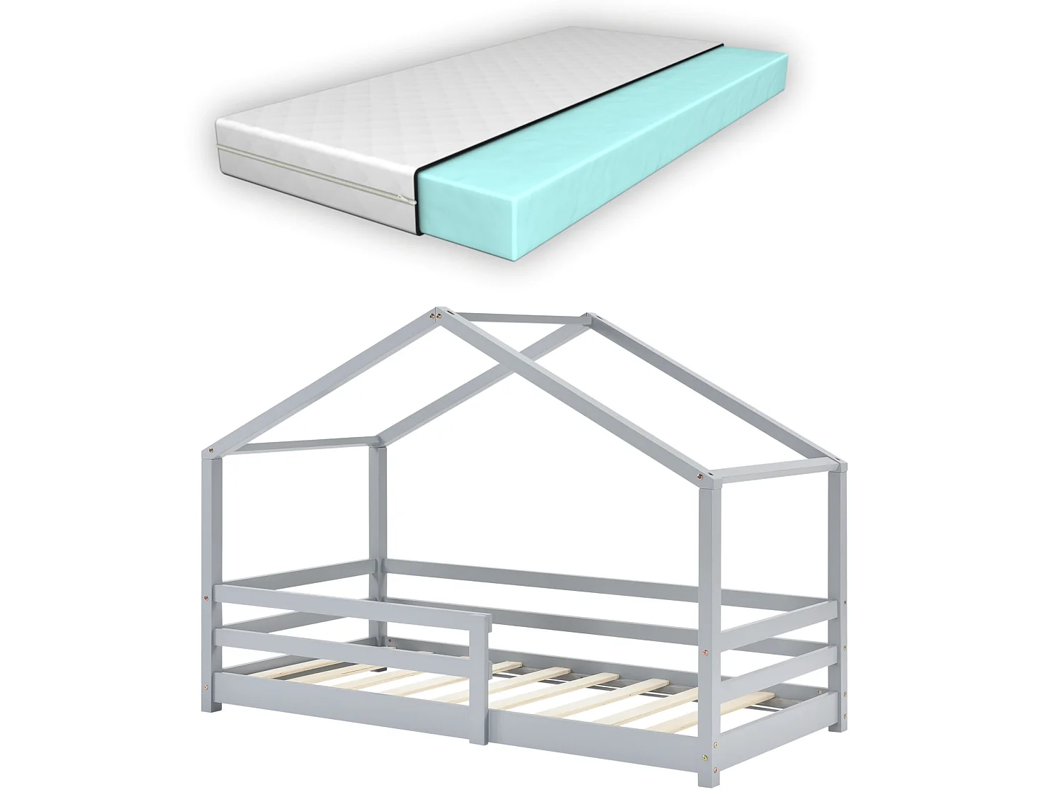 Lit Cabane Knätten Avec Grille De Protection Matelas Orthopédique 160X80Cm Gris Clair