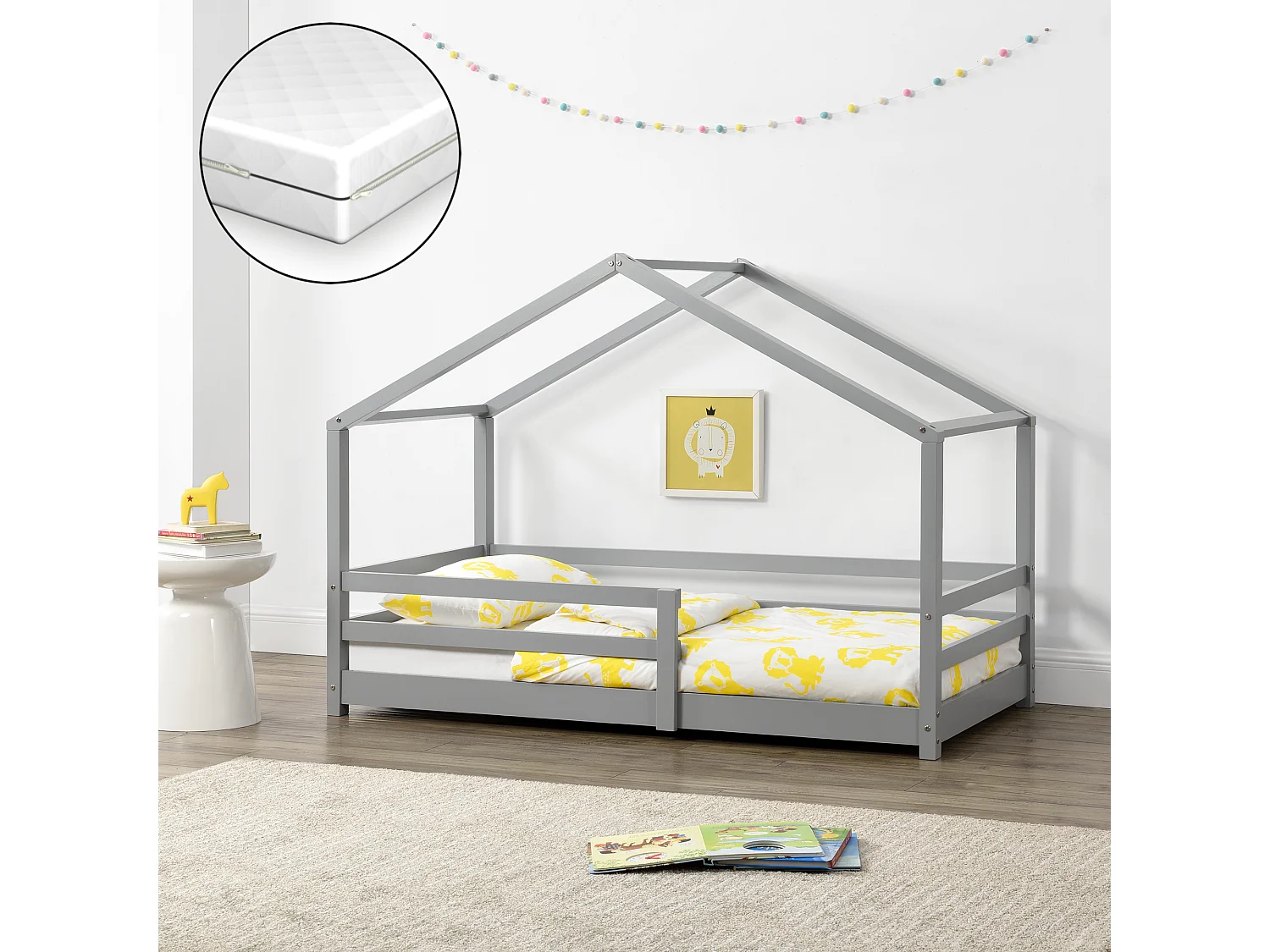 Lit Cabane Knätten Avec Grille De Protection Matelas Orthopédique 160X80Cm Gris Clair