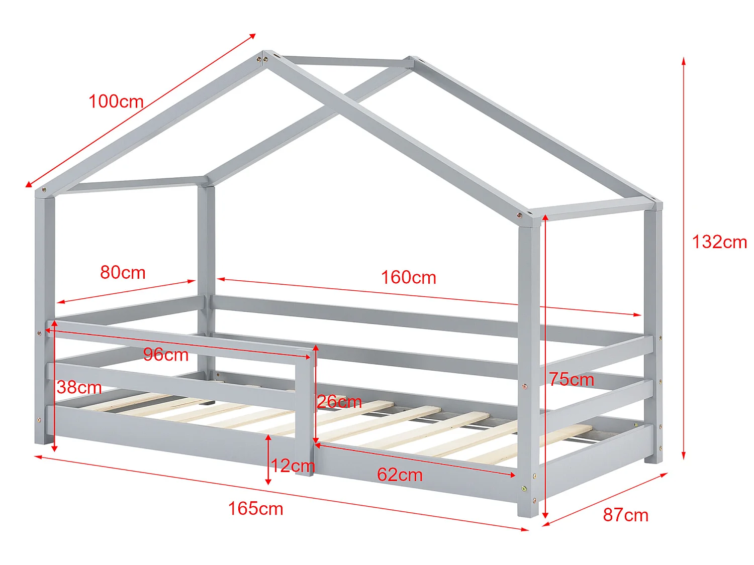 Lit Cabane Knätten Avec Grille De Protection Matelas Orthopédique 160X80Cm Gris Clair