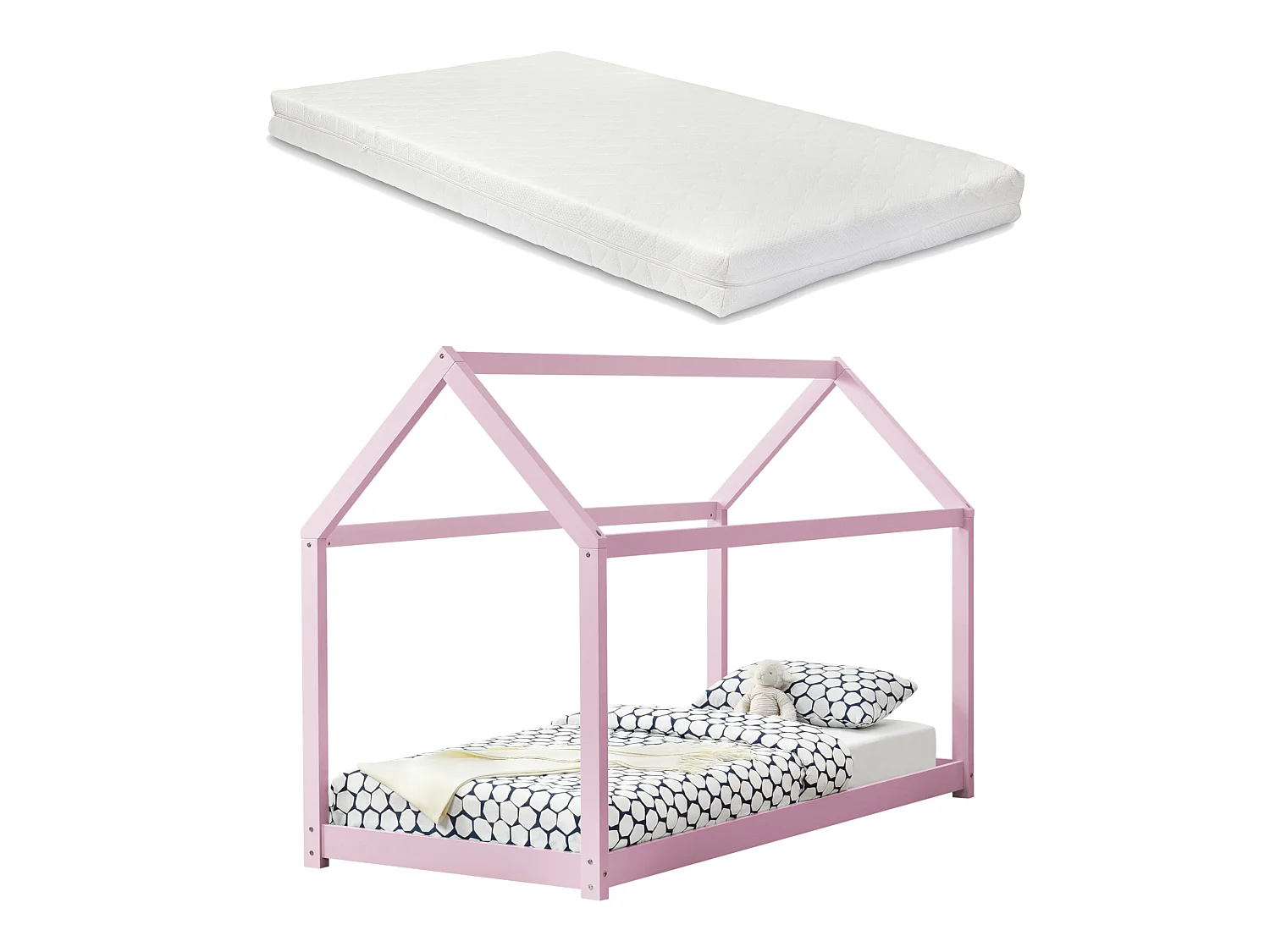 Lit Cabane Forme Maison Netstal Avec Matelas Mousse À Froid 200 X 90 Cm Rose