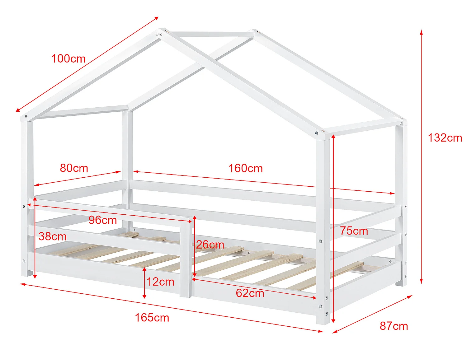 Lit Cabane Knätten Avec Grille De Protection Et Matelas Orthopédique 160X80Cm Blanc