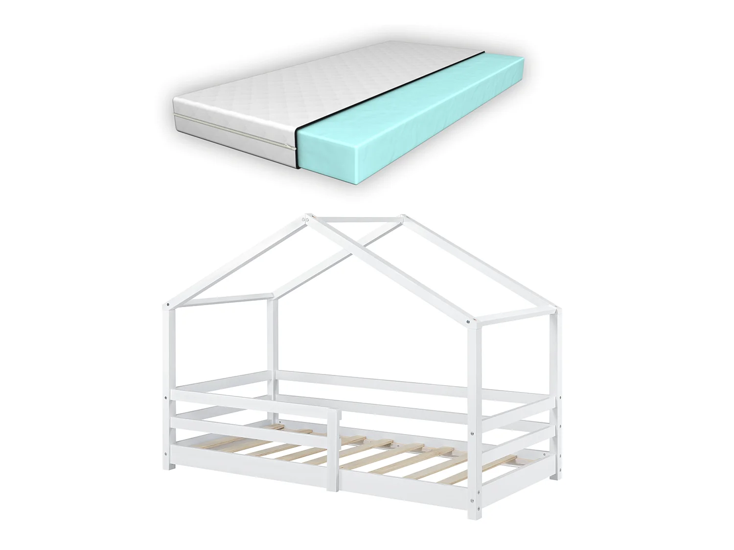 Lit Cabane Knätten Avec Grille De Protection Et Matelas Orthopédique 160X80Cm Blanc