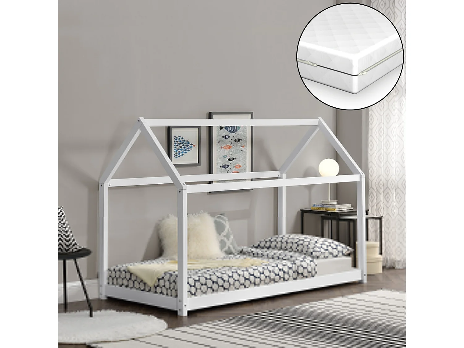 Lit Cabane Forme Maison Netstal Avec Matelas Orthopédique 160 X 80 Cm Blanc