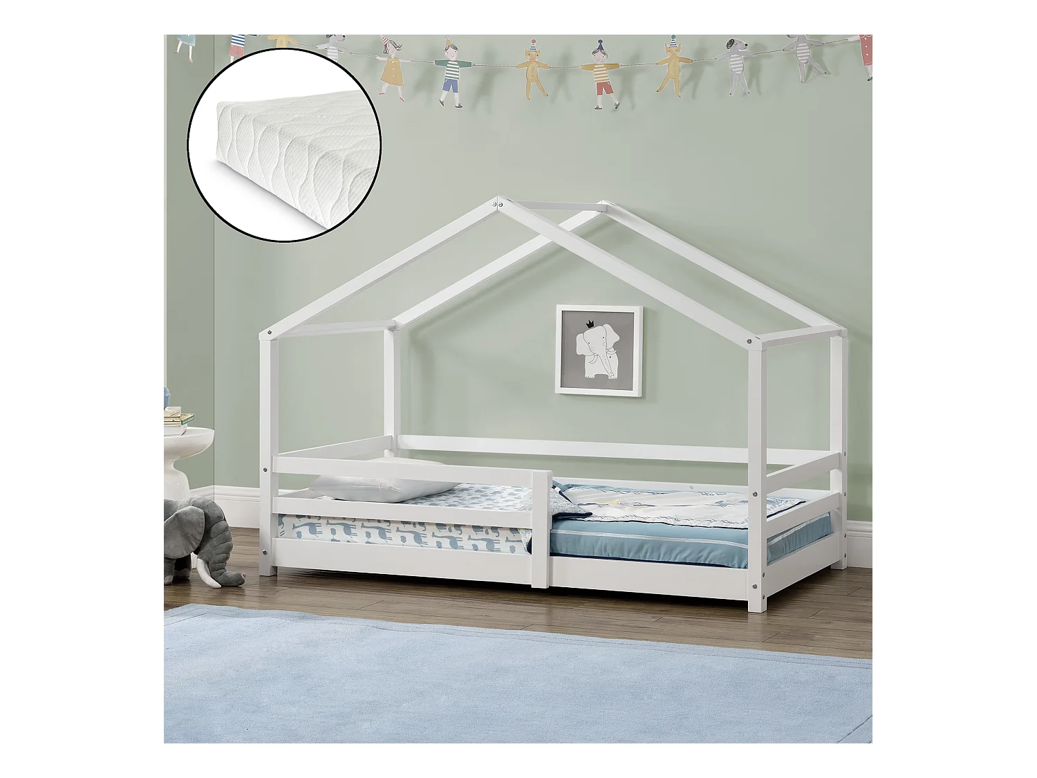 Lit Cabane Knätten Avec Grille De Protection Et Matelas Mousse À Froid 200X90Cm Blanc