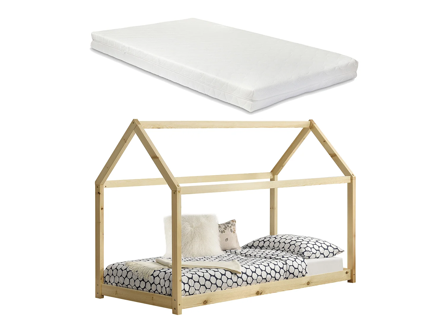 Lit Cabane Forme Maison Netstal Avec Matelas Mousse À Froid 200 X 90 Cm Naturel