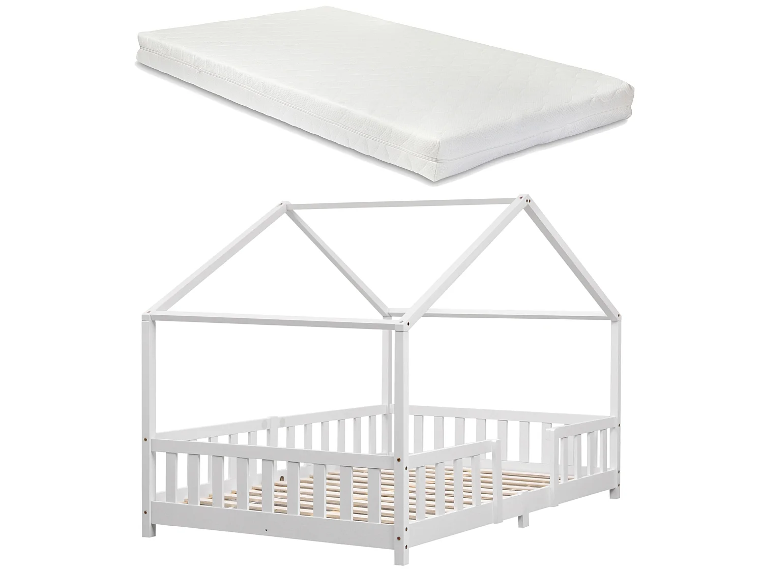 Lit D'enfant Treviolo Forme Maison Avec Matelas À Mousse À Froid 200 X 120 Cm Blanc