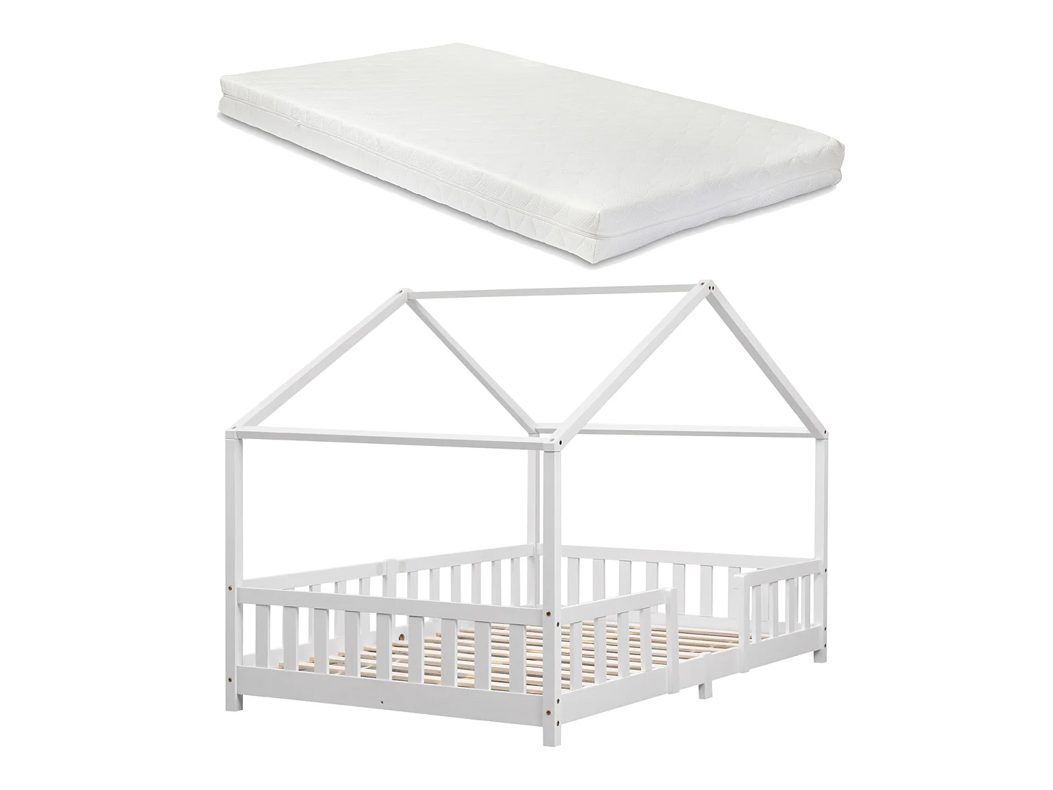 Lit D'enfant Treviolo Forme Maison Avec Matelas À Mousse À Froid 200 X 120 Cm Blanc