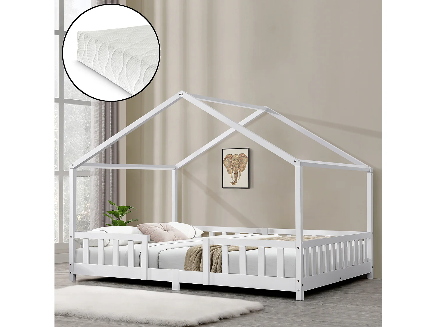 Lit D'enfant Treviolo Forme Maison Avec Matelas À Mousse À Froid 200 X 120 Cm Blanc