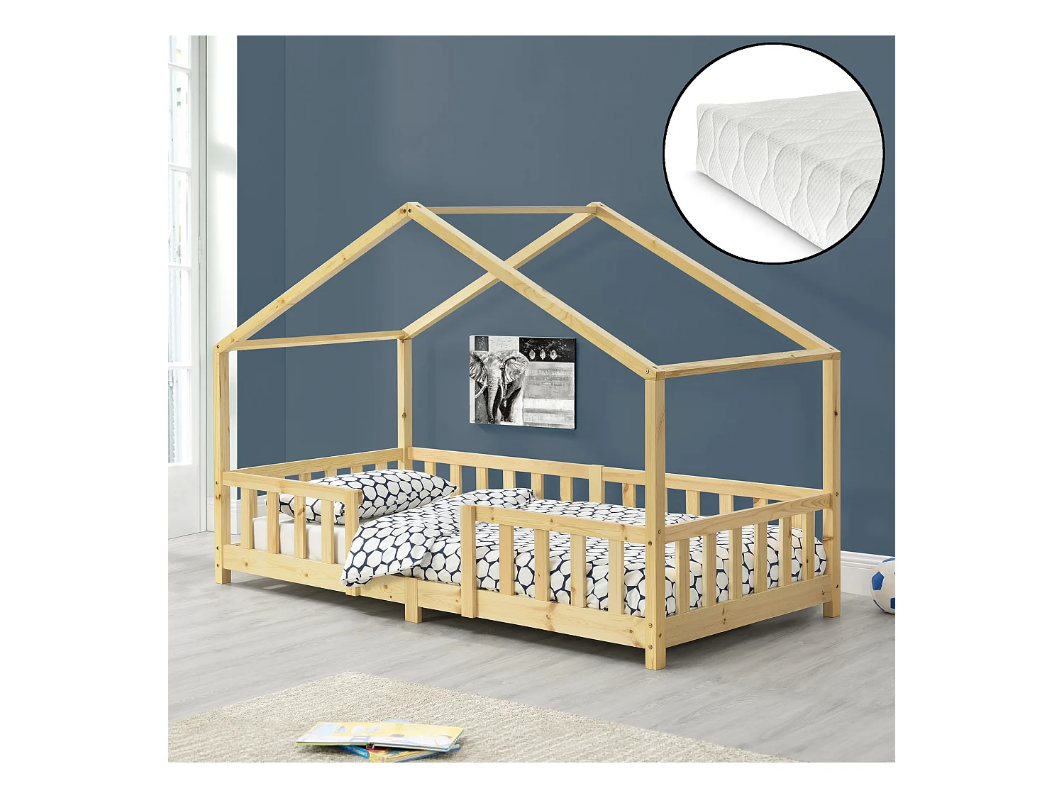 Lit enfant Treviolo Forme Maison Avec Matelas À Mousse À Froid 200X90Cm Bois Naturel