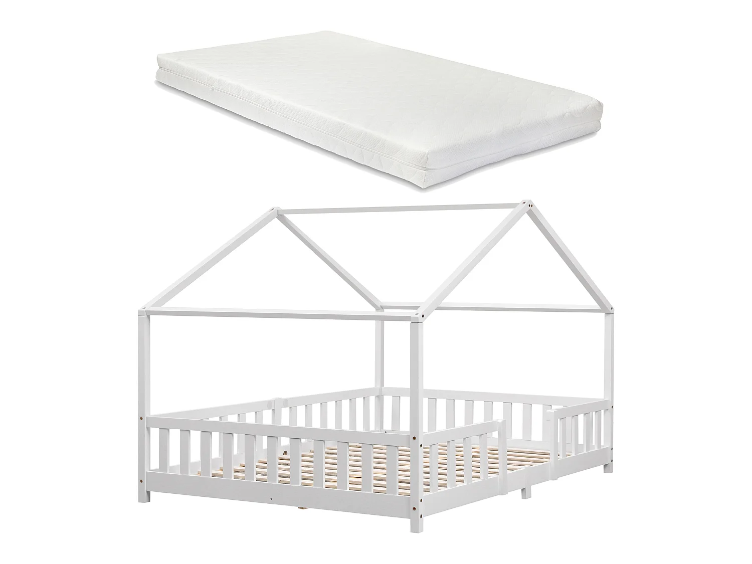 Lit D'enfant Treviolo Forme Maison Avec Matelas À Mousse À Froid 200 X 140 Cm Blanc