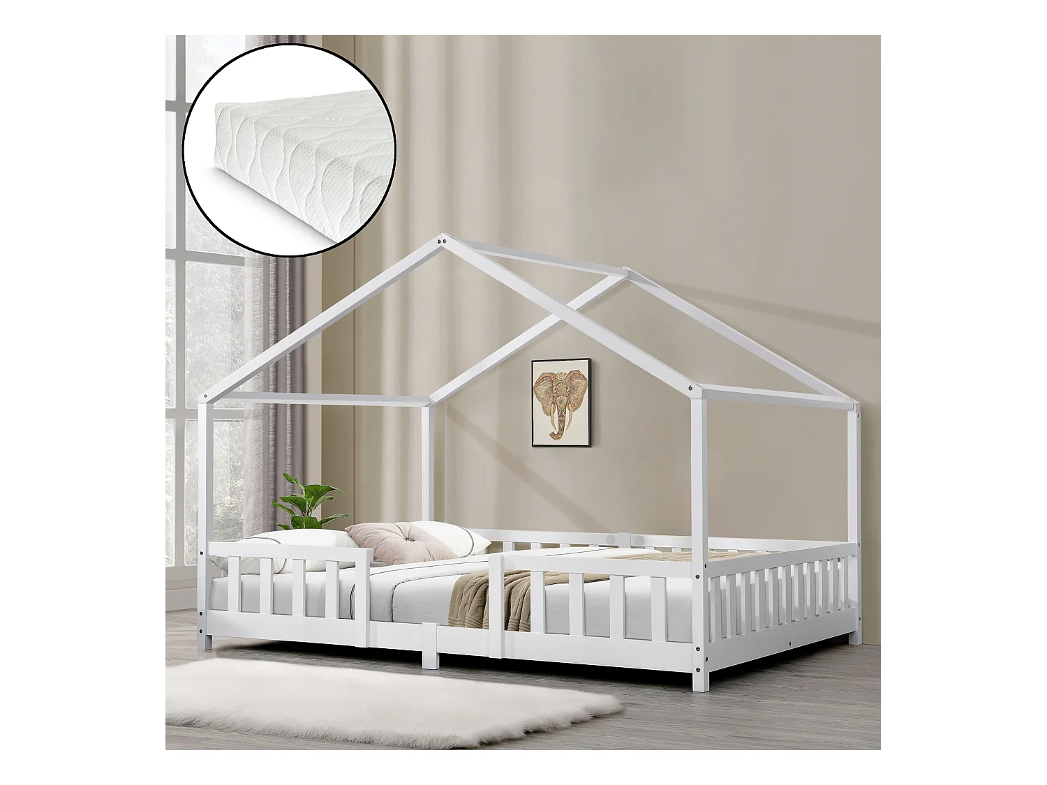 Lit D'enfant Treviolo Forme Maison Avec Matelas À Mousse À Froid 200 X 140 Cm Blanc