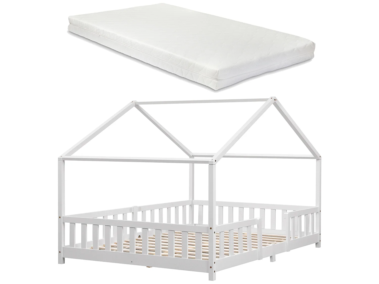 Lit D'enfant Treviolo Forme Maison Avec Matelas À Mousse À Froid 200 X 140 Cm Blanc